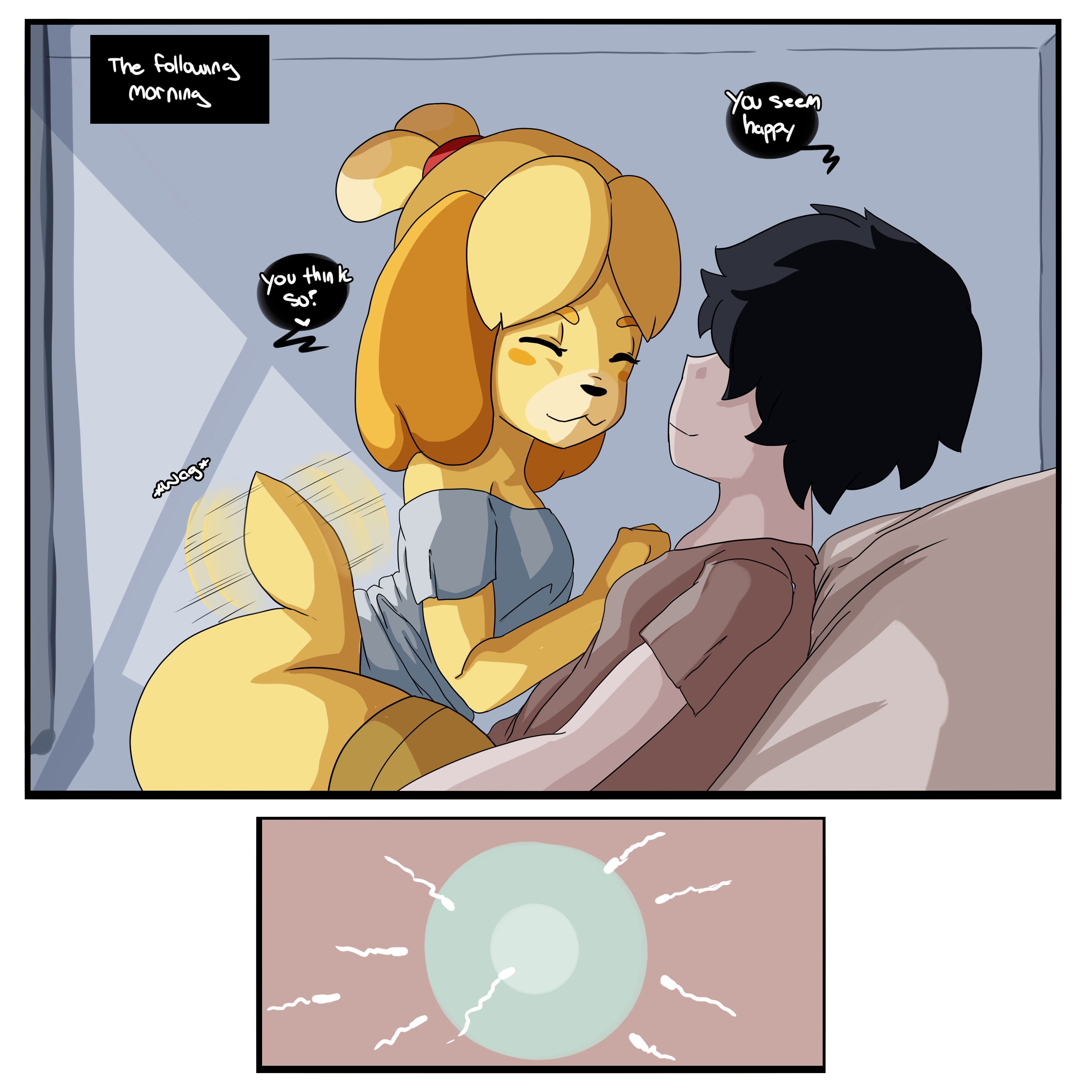 1:1, 2021, absurd res, animal crossing, anthro, bottomless, canid, canine, canis, clothed female, clothed sex, comic, domestic dog, english text, female, femdom, happy, hi res, human, human on anthro, impregnation, inuyuru, isabelle (animal crossing), male, male/female, malesub, mammal, morning after, nintendo, no panties, ovum, sex, sperm cell, tail motion, tailwag, text, video games