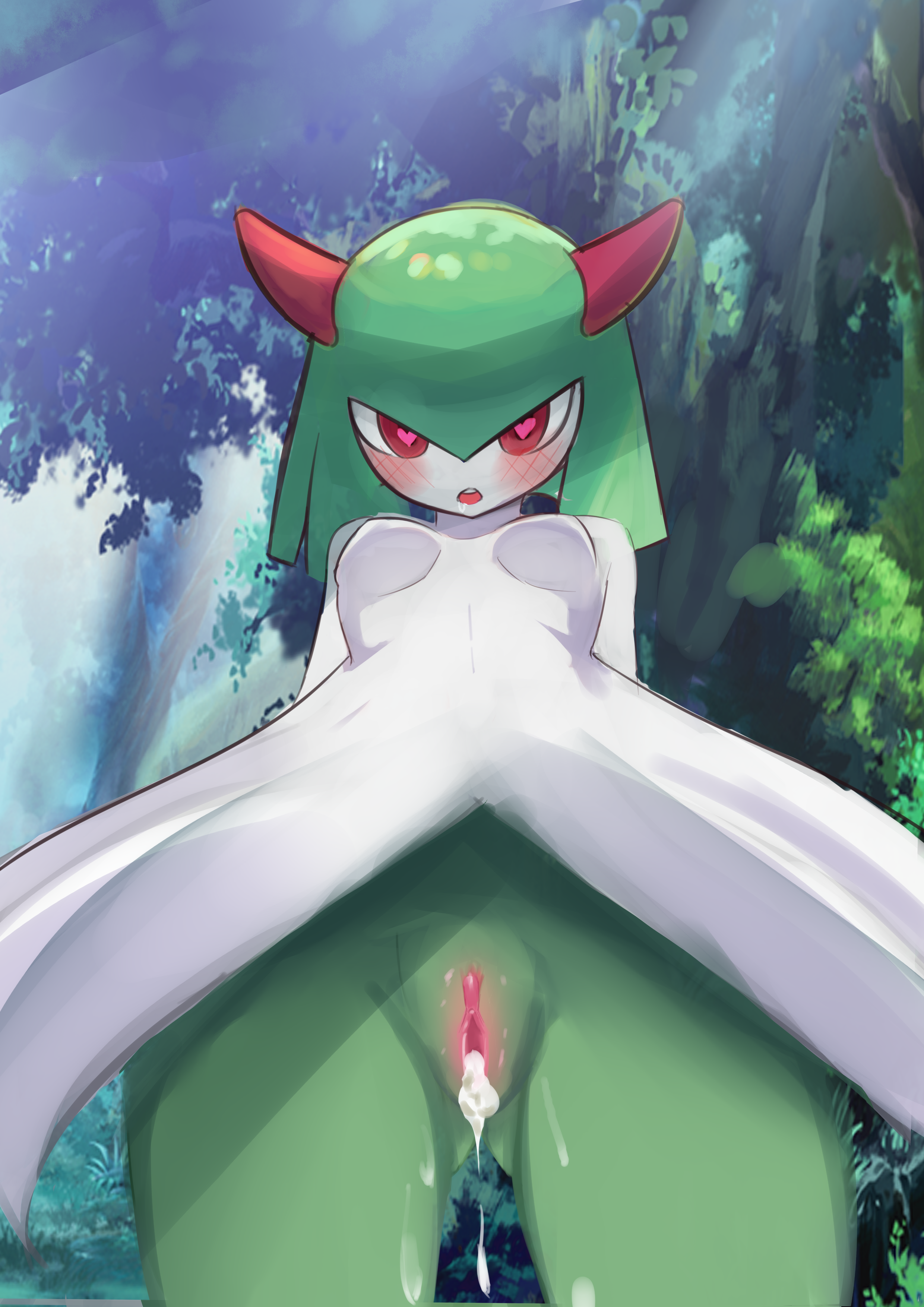 <3 eyes, absurd res, after sex, blush, bodily fluids, breasts, cum, cum in pussy, cum inside, female, genital fluids, genitals, heart, hi res, humanoid, kirlia, looking at viewer, low-angle view, more at source, nintendo, outside, pokémon (species), pokemon, pokemon (species), pussy, shiro shiro, solo, video games