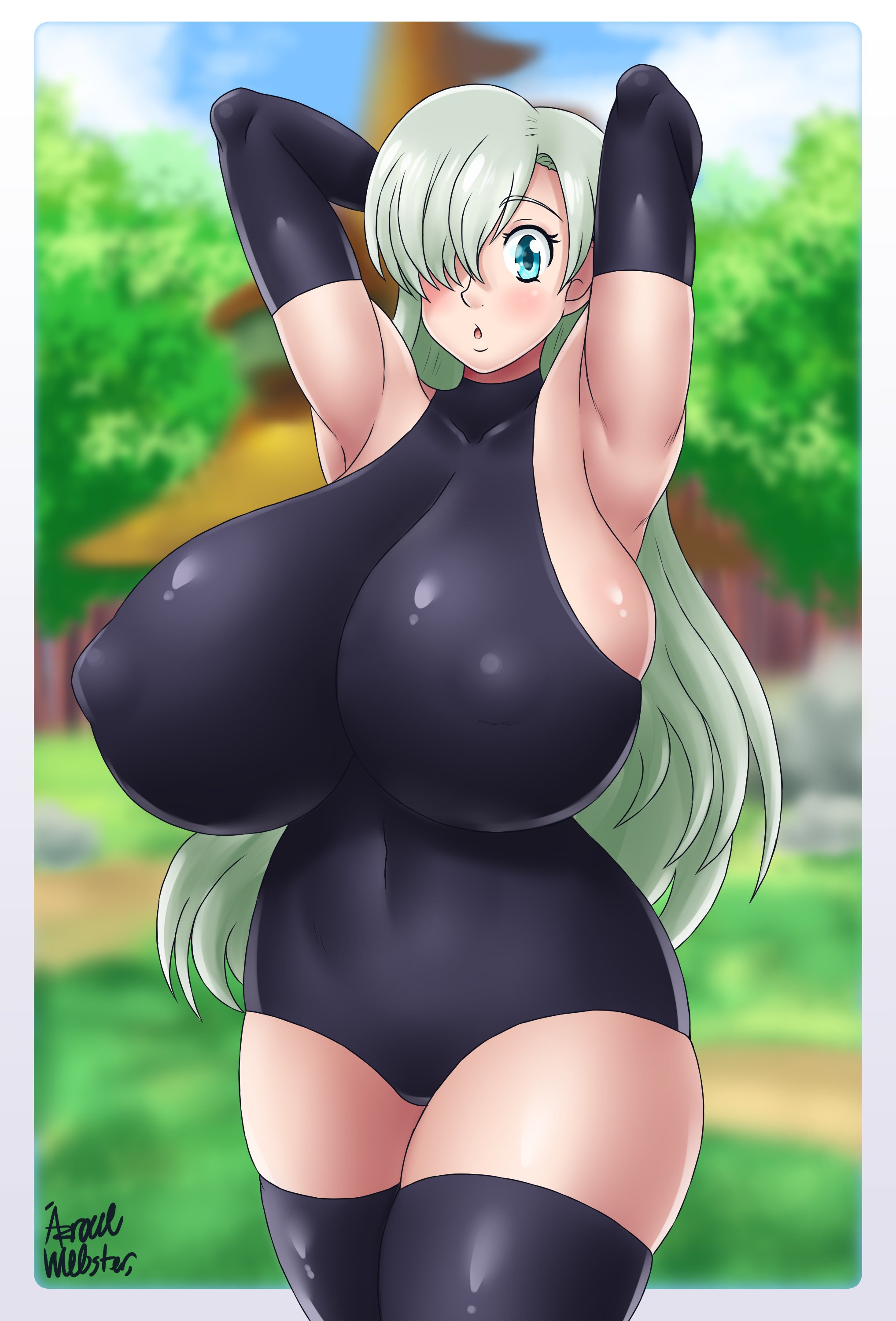 1girls, alternate breast size, armpits, arms behind head, arms up, artist signature, azraelwebster, big breasts, blue eyes, blush, breasts, collarbone, elbow gloves, elizabeth liones, eyebrows visible through hair, eyelashes, female, female only, gloves, grey hair, huge breasts, leotard, long hair, looking at viewer, nanatsu no taizai, nipple bulge, open mouth, outdoors, seven deadly sins, solo, solo female, standing, tagme, thighhighs, voluptuous