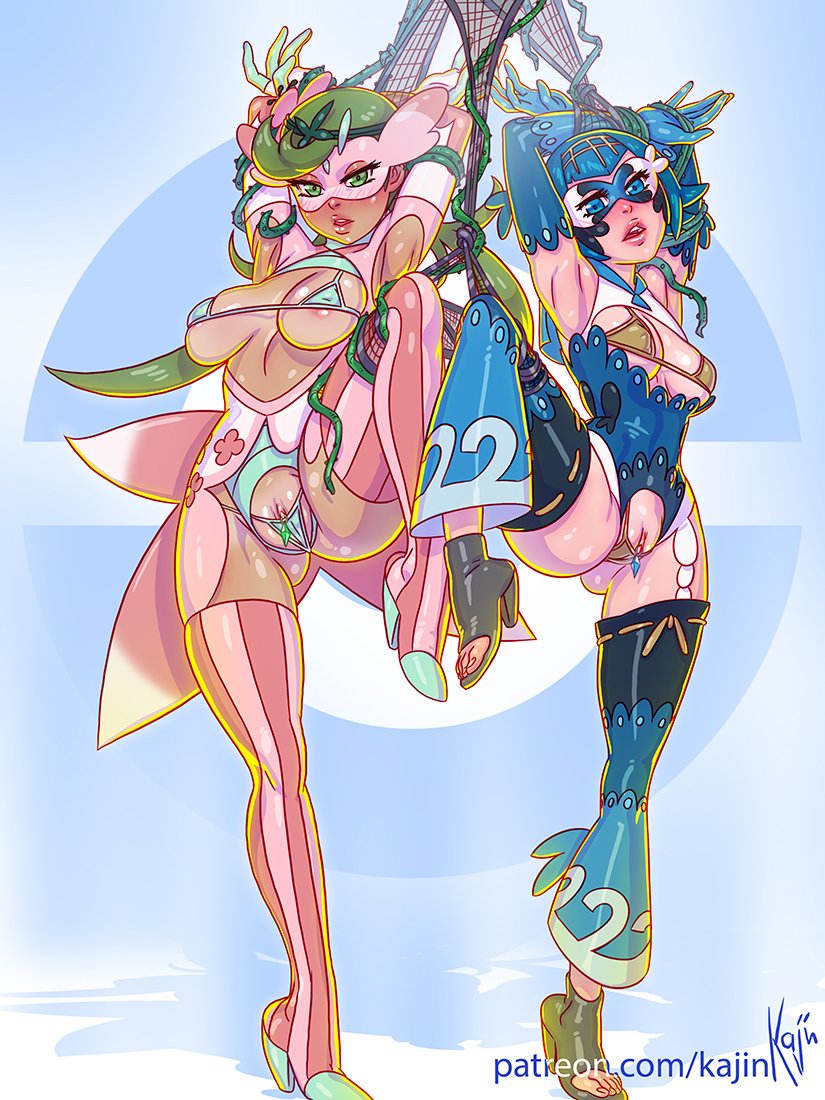 2girls blue_background blue_eyes blue_hair clitoris_peek clitoris_piercing clitoris_slip cosplay duo female female_only fishing_net functionally_nude game_freak green_eyes green_hair high_heel_boots high_heels human human_only kajinman lana_(pokemon) lurantis lurantis_(cosplay) mallow_(pokemon) mask multiple_girls net nintendo open_toe_shoes patreon_username pokemon pokemon_(cosplay) pokemon_sm pose pussy pussy_cleavage pussy_peek pussy_visible_through_clothes slutty_outfit tied_up useless_clothing wishiwashi wishiwashi_(cosplay)