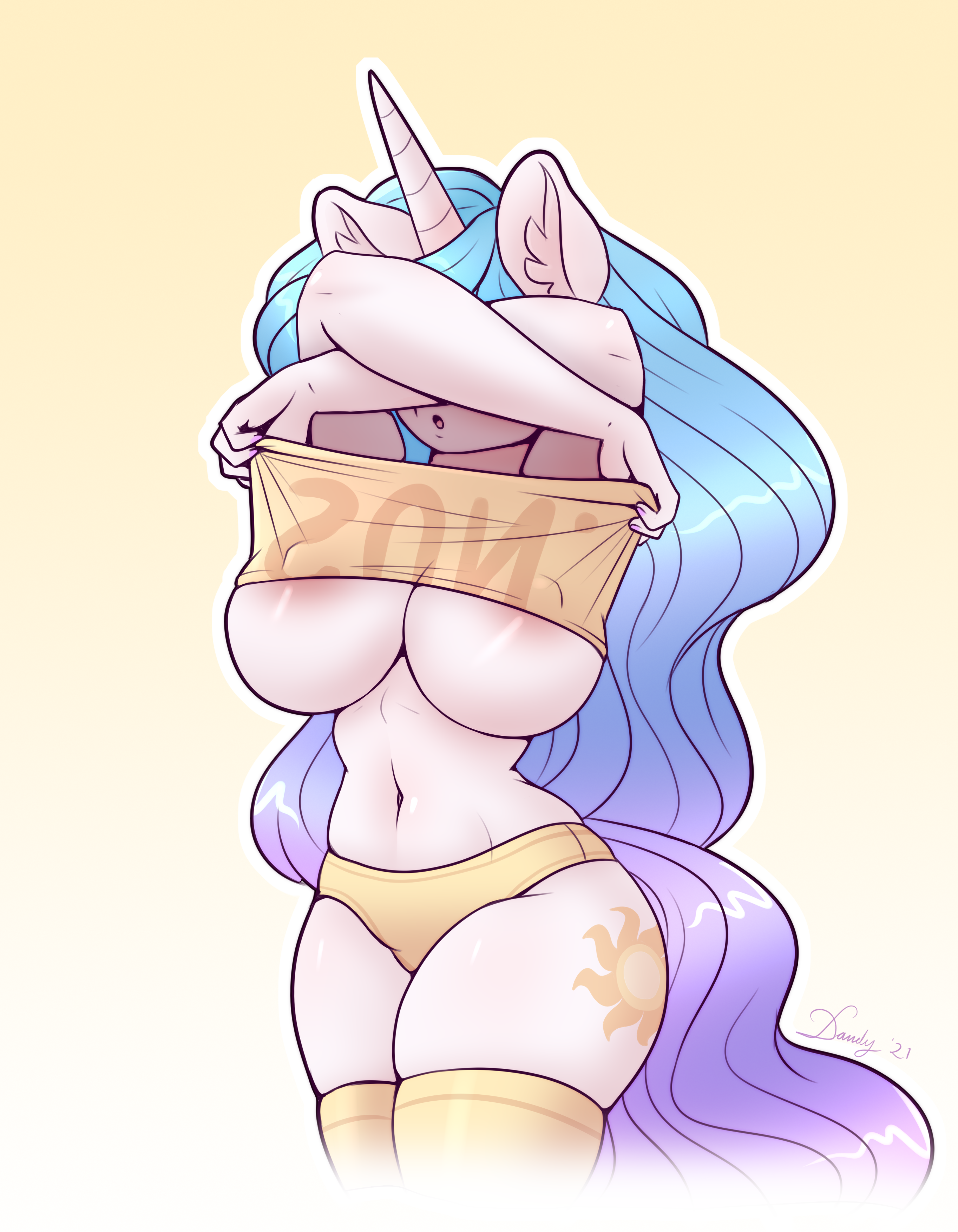 2020s, 2021, absurd res, anthro, anthrofied, big breasts, breasts, clothed, clothing, clothing lift, dandy (artist), equid, equine, female, friendship is magic, hair, hasbro, hi res, horn, inner ear fluff, legwear, long hair, mammal, multicolored hair, my little pony, navel, panties, princess celestia (mlp), shirt, shirt lift, solo, thigh highs, topwear, tuft, underwear, unicorn