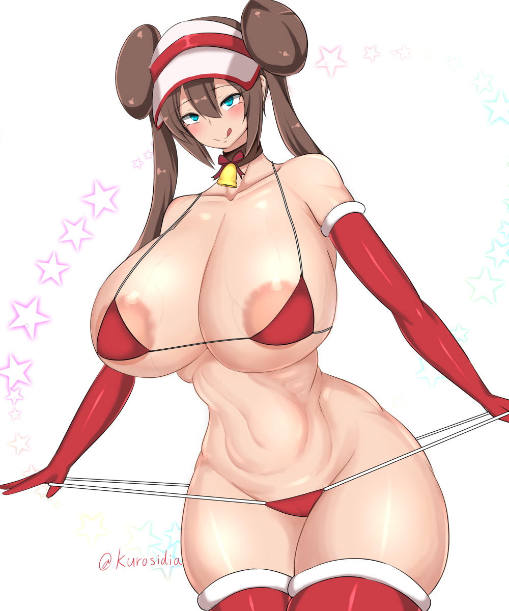 arm_stockings armwear big_breasts blush choker choker_bell curvy_female curvy_hips hat horny_female huge_ass kurosidia licking_lips nintendo pokemon pokemon_bw2 pulling_panties rosa_(pokemon) santa_bikini stockings stockings_thigh_highs swimsuit thong_panties tongue_out twintails