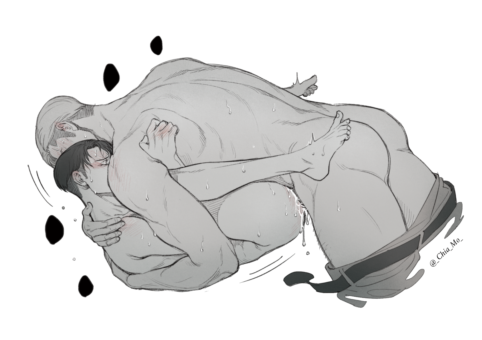 2boys, anal, anal sex, ass, attack on titan, barefoot, bodily fluids, chiamo, cum, erwin smith, feet, gay, genital fluids, levi, levi ackerman, male, male only, male penetrated, male penetrating, male penetrating male, male/male, missionary, missionary position, monochrome, pants down, penetration, shingeki no kyojin, white background, yaoi