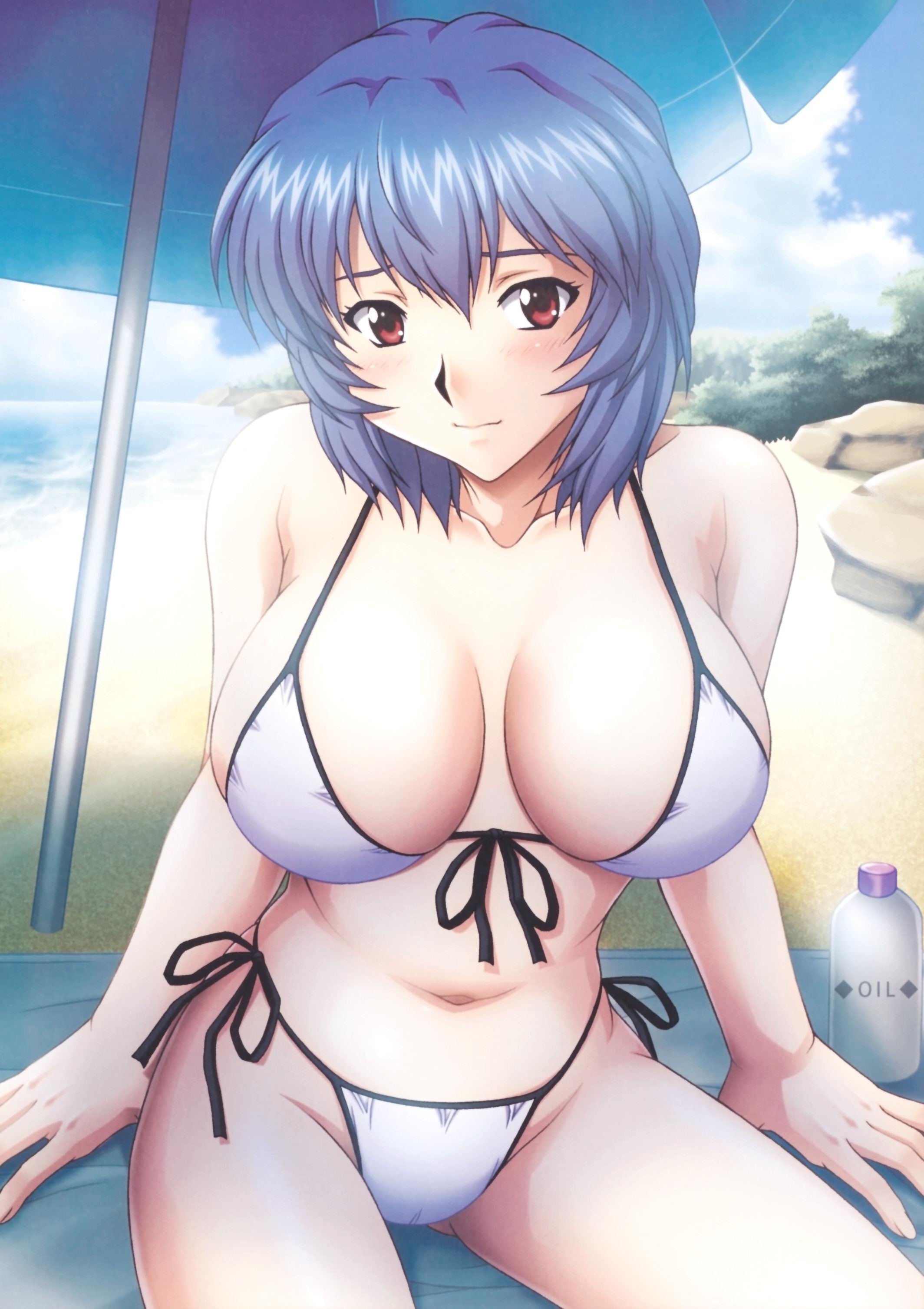 1girls, beach, big breasts, bikini, blue hair, blush, breasts, busty, cameltoe, cleavage, day, female, female focus, front-tie top, large breasts, looking at viewer, navel, neon genesis evangelion, parasol, pussy, red eyes, rei ayanami, side-tie bikini, smile, solo, solo female, swimsuit, umbrella, uninigumi, voluptuous