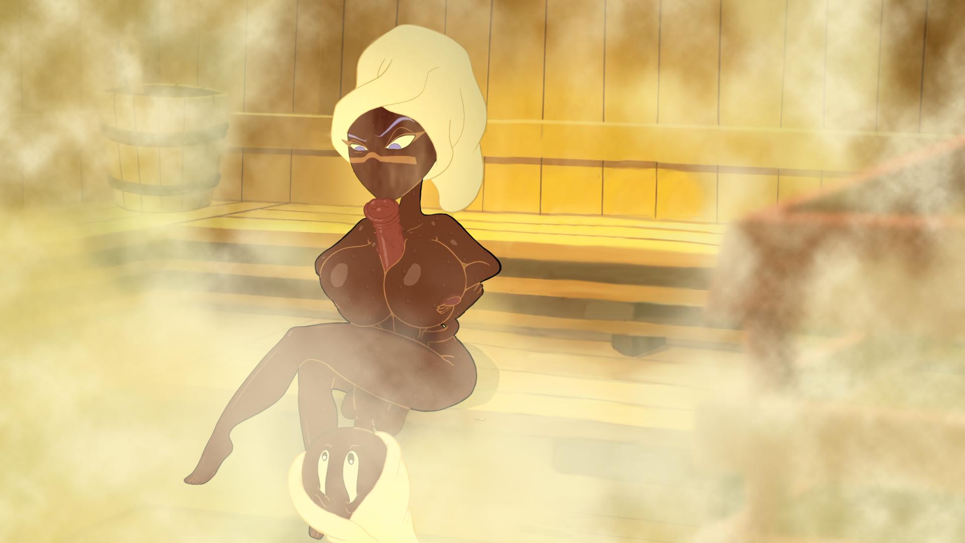 breasts, dark skin, duck dodgers, female, femdom, handwear, headscissor, male, marvin the martian, monkeyman (artist), paizuri, queen tyr'ahnee, smooth skin, tagme