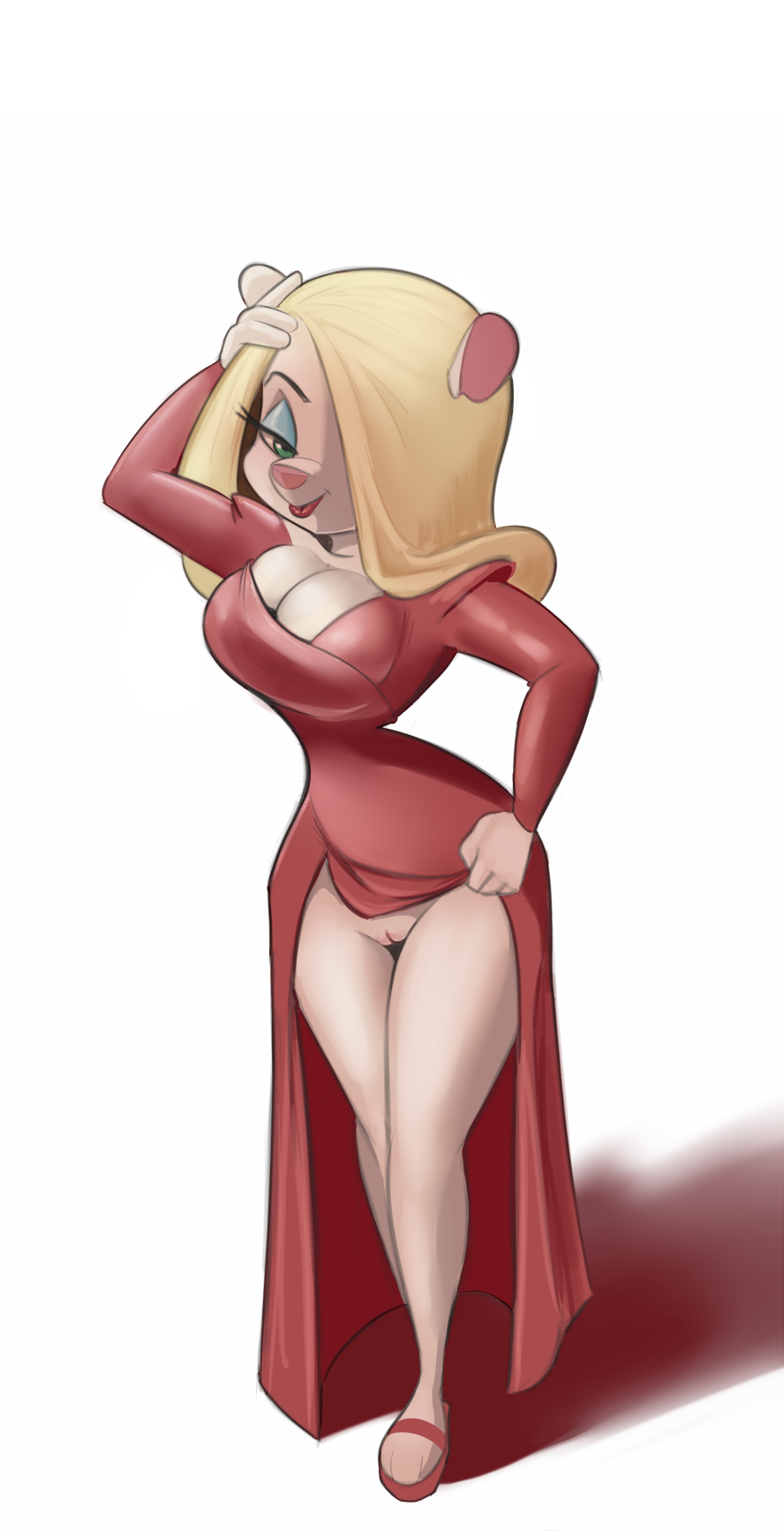 animaniacs anthro blonde_hair clothing dress female footwear fur genitals hair hi_res inviting mammal minerva_mink mink missing_tail mustelid musteline pussy red_clothing red_dress red_footwear red_sandals sandals saran-rape solo true_musteline warner_brothers white_body white_fur