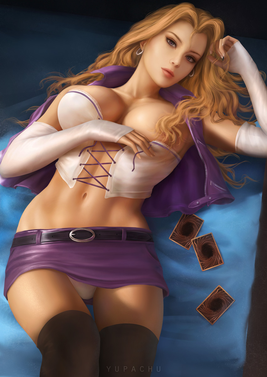 1girls, artist name, bare midriff, belt, blonde hair, breasts, brown eyes, cleavage, convenient censoring, cropped legs, dark blonde, dark blonde hair, detached sleeves, dirty blonde, dirty blonde hair, earrings, female, female only, image, jacket, light skin, light-skinned female, looking at viewer, mai valentine, miniskirt, open jacket, panties, panty peek, playing card, sandy blonde, sandy blonde hair, shirt pull, skirt, solo, thighhighs, upskirt, white panties, yu-gi-oh!, yupachu
