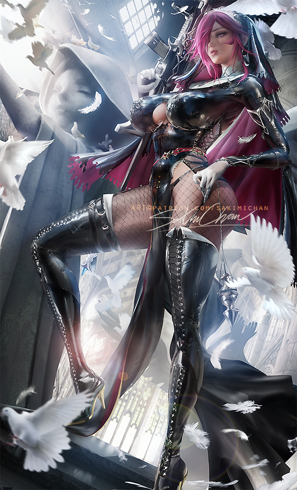 1girls, 2021, artist signature, black clothing, breasts, female, female focus, female only, fishnets, genshin impact, gun, hips, holding object, huge breasts, nun, nun's habit, purple hair, realistic, red eyes, rosaria (genshin impact), sakimichan, slim waist, thick thighs, thighhighs, thighs, watermark, weappn, wide hips