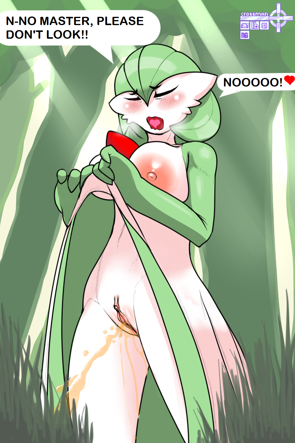 being_watched big_breasts bodily_fluids breasts clitoral_hood clitoris closed_eyes clothed clothing crossman dialogue digital_media_(artwork) dress embarrassed female female_gardevoir forest gardevoir genital_fluids genitals grass green_hair hair hi_res humanoid light light_beam looking_at_another nintendo nipples open_mouth outside peeing plant pokémon_(species) pokemon pokemon_(species) pokemon_rse pussy raised_clothing raised_dress screaming shaded signature solo standing tall_grass text tree urine urine_stream video_games