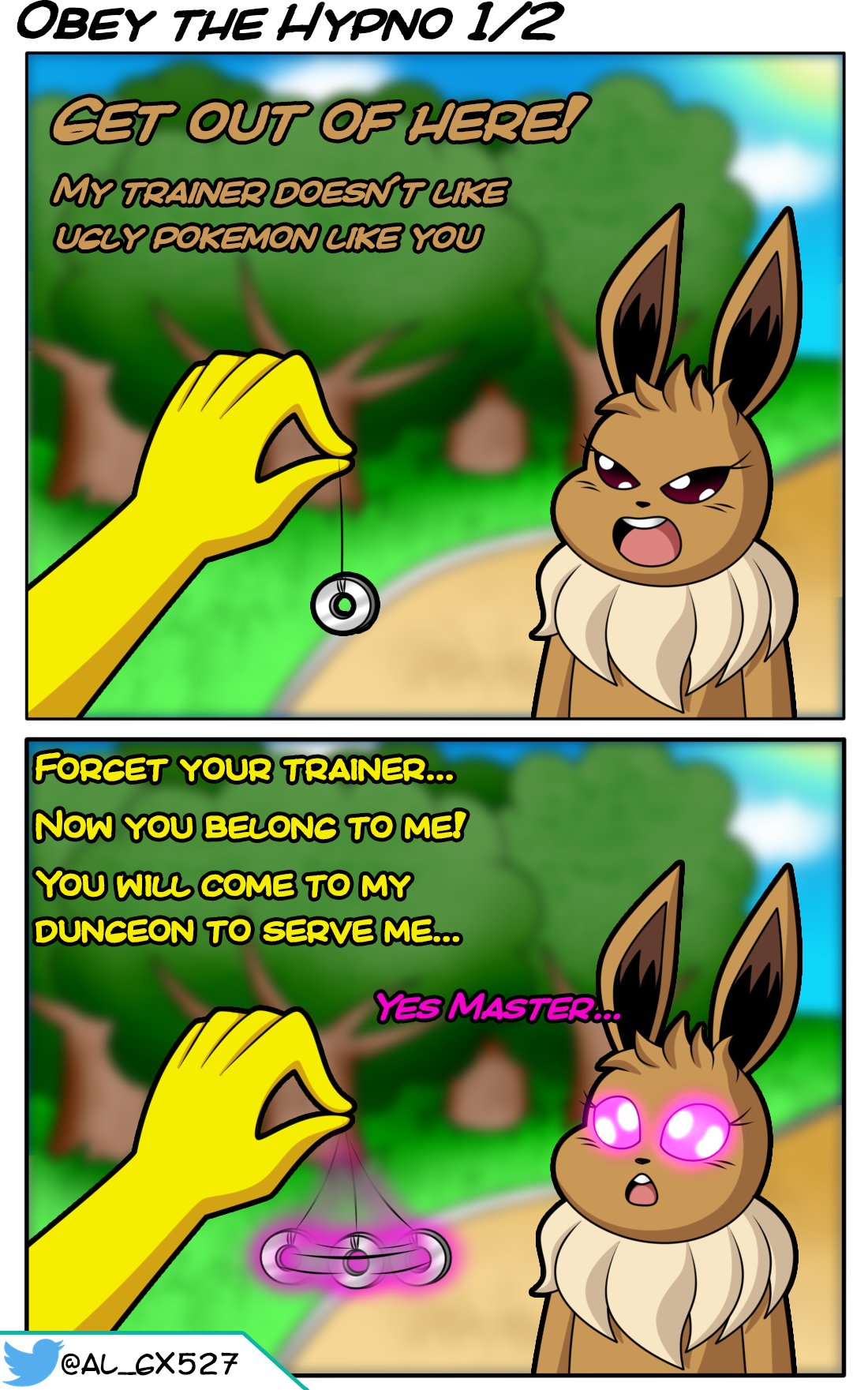 al_gx brown_eyes brown_fur dungeon eevee eeveelution english_text female_hypno hypno hypnosis instant_loss_2koma insult kidnapped mind_control page_1 pokemon pokemon_(species) yellow_skin