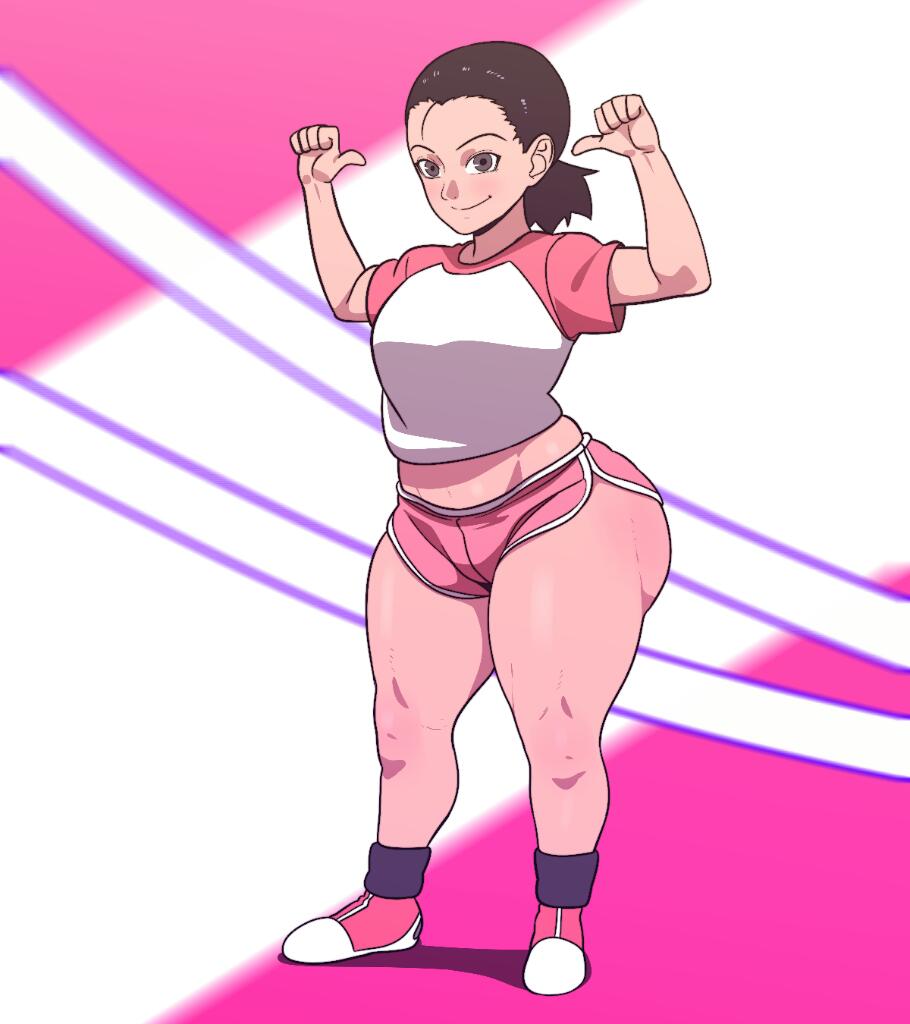 arms_up big_ass big_butt big_thighs booty_shorts boruto:_naruto_next_generations brown_hair d-art hourglass_figure large_ass looking_at_viewer naruto naruto_(series) navel pink_clothing pink_shirt pink_shoes pink_shorts pointing_at_self sarada_uchiha short_hair short_shorts short_sleeves shortstack smiling solo solo_female standing thick_thighs