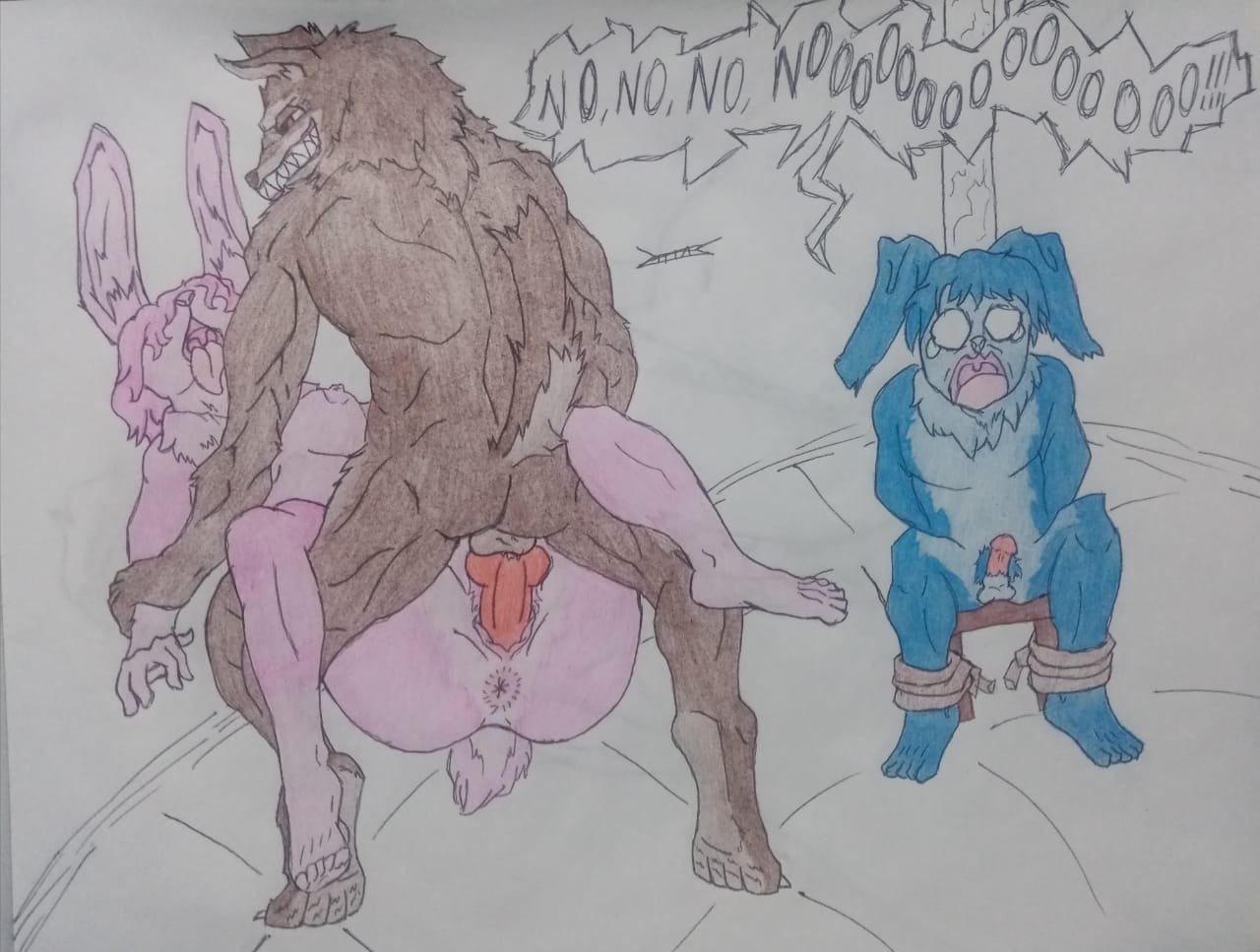 anthro anthro_on_anthro anthro_penetrating_anthro anus blue_fur brown_fur bubble_butt bunny_cuck canine canine_penis canine_teeth cuck cuckold desperate forced_to_watch fur lagomorph male_penetrating_female mammal mating_press motoanexo muscles muscular muscular_anthro muscular_male ntr pink_fur rmtwo teeth text text_bubble tied tied_to_chair tied_to_pole traditional_art traditional_media traditional_media_(artwork) wolf wolf_tail