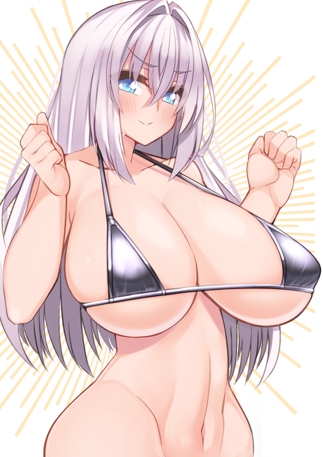 1girls bare_shoulders bikini black_bikini blue_eyes blush bottomless breasts cleavage clenched_hands dura eyebrows_visible_through_hair female hair_between_eyes halterneck highres huge_breasts long_hair looking_at_viewer navel original rin_(dura) smile solo swimsuit white_hair