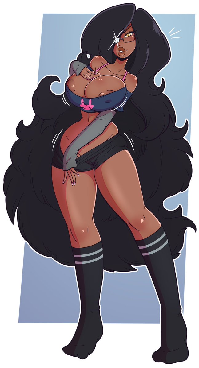 1girls, areolae, big breasts, big lips, bimbo, bimbo body, bimbo lip, bimbo lips, bimbofication, breasts, dark skin, dark-skinned female, female, female only, glasses, hair down, hair over one eye, long hair, long sleeves, long socks, looking at viewer, milf, movement, ms. fang, nail polish, nipples, no bra, no panties, oc, original character, pink nail polish, pinup, short shorts, shorts, simple background, smooth skin, solo, thick thighs, tight clothing, white background, wide hips, wrenzephyr2, yellow eyes