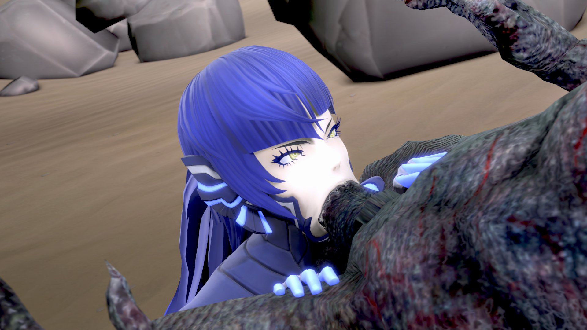 1boy, 3d, atlus, blue hair, cock, eyelashes, gay, humanoid, humanoid penis, light skin, light-skinned male, long hair, male, male/male, nahobino (smt), oral, oral insertion, oral penetration, oral sex, pale skin, pale-skinned male, penis, penis out, protagonist (shin megami tensei v), shin megami tensei, shin megami tensei v, theboobedone, yaoi, yellow eyes