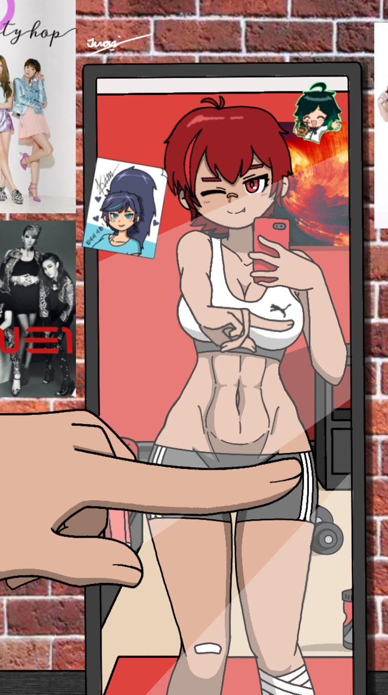 alternate_version_available censored female jun_hyun_soo_(writers_crusaders) korean mirror mirror_selfie phone red_hair selfie solo_female solo_focus wcjuan writers_crusaders