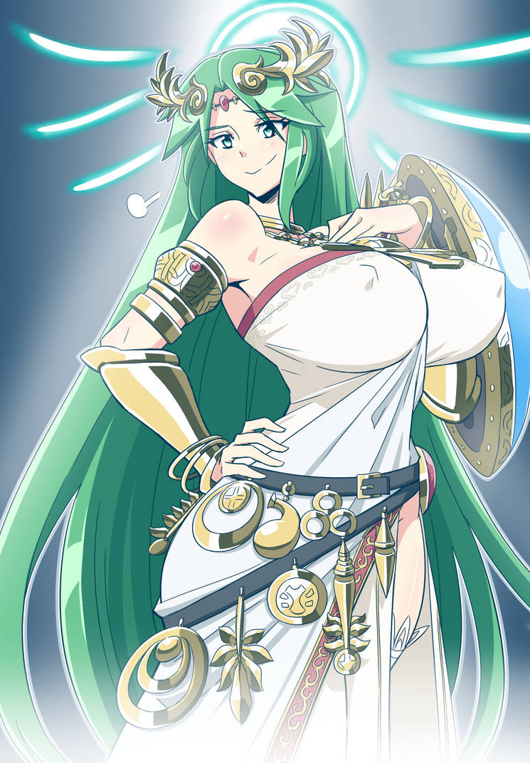 1girls, breasts, clothing, female, female only, goddess, green hair, huge breasts, kid icarus, matsu-sensei, nintendo, nipple bulge, palutena, solo, solo female