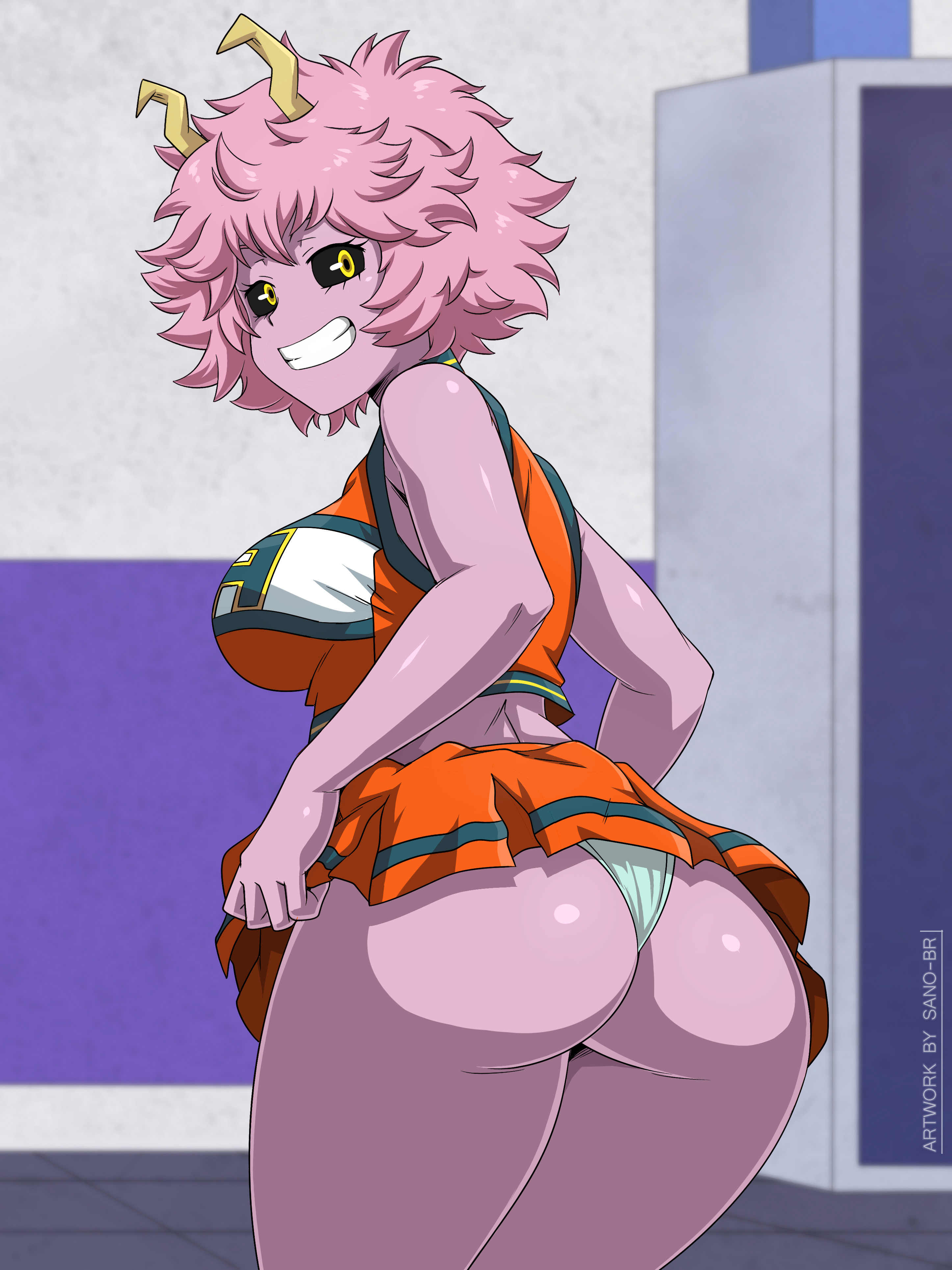 1girls, ass, big ass, big breasts, black sclera, breasts, cheerleader, cheerleader uniform, female, horns, mina ashido, my hero academia, panties, pink hair, pink skin, pink-haired female, sano-br, short hair, short pink hair, sideboob, skirt, solo, standing, thick thighs, thighs, u.a. cheerleader outfit, yellow eyes