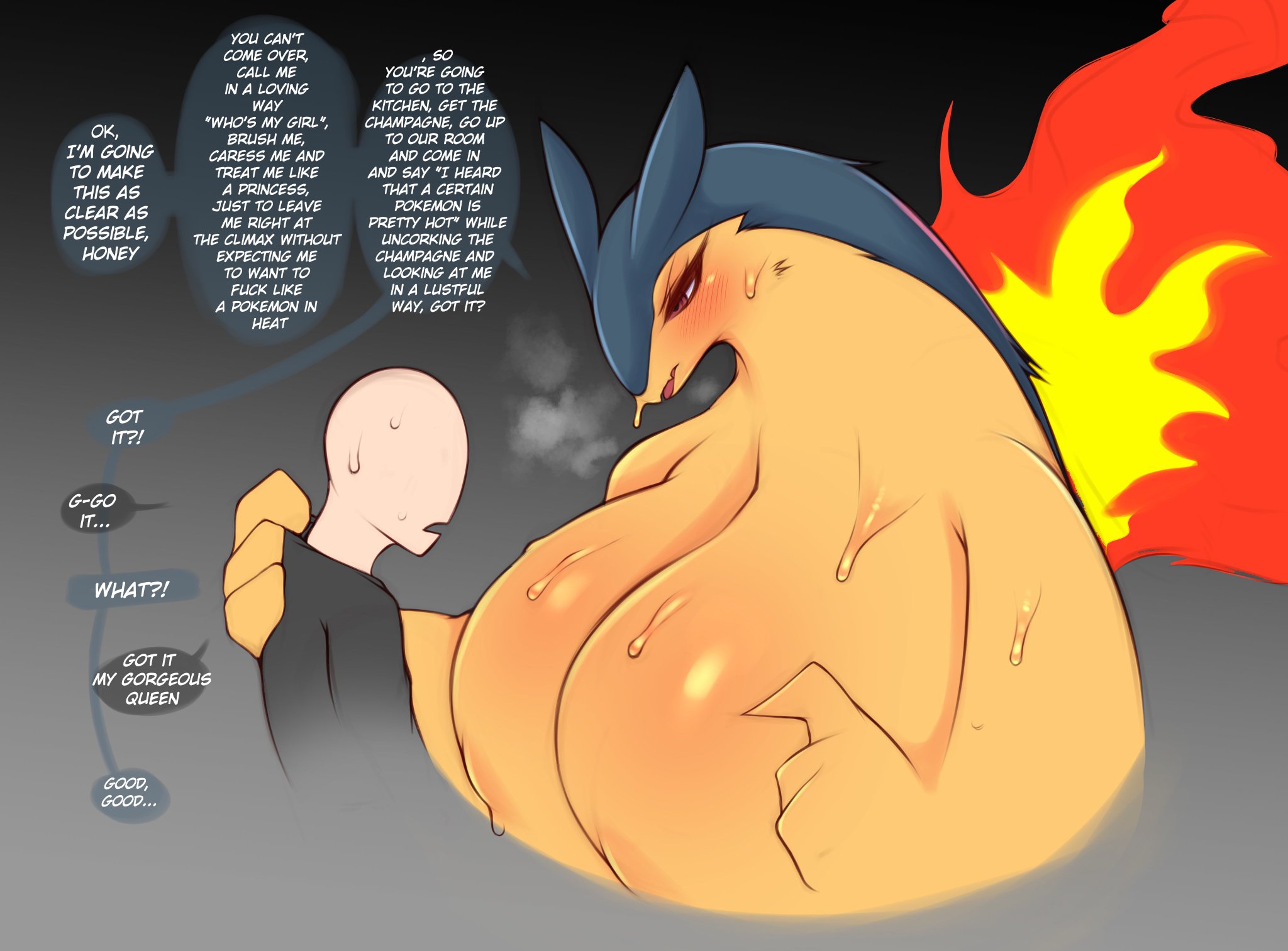 big breasts, blush, breasts, dialogue, english text, female, female pokemon, female typhlosion, femdom, hi res, huge breasts, human on pokemon, interspecies, large breasts, larger female, male, male/female, nintendo, no nipples, pokemon, pokemon (species), saltyxodium, scared, size difference, smaller male, sweating, text, typhlosion