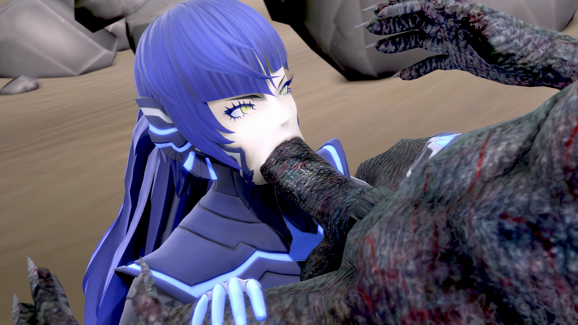 1boy, 3d, atlus, blue hair, cock, eyelashes, gay, humanoid, humanoid penis, light skin, light-skinned male, long hair, male, male/male, nahobino (smt), oral, oral insertion, oral penetration, oral sex, pale skin, pale-skinned male, penis, penis out, protagonist (shin megami tensei v), shin megami tensei, shin megami tensei v, theboobedone, yaoi, yellow eyes