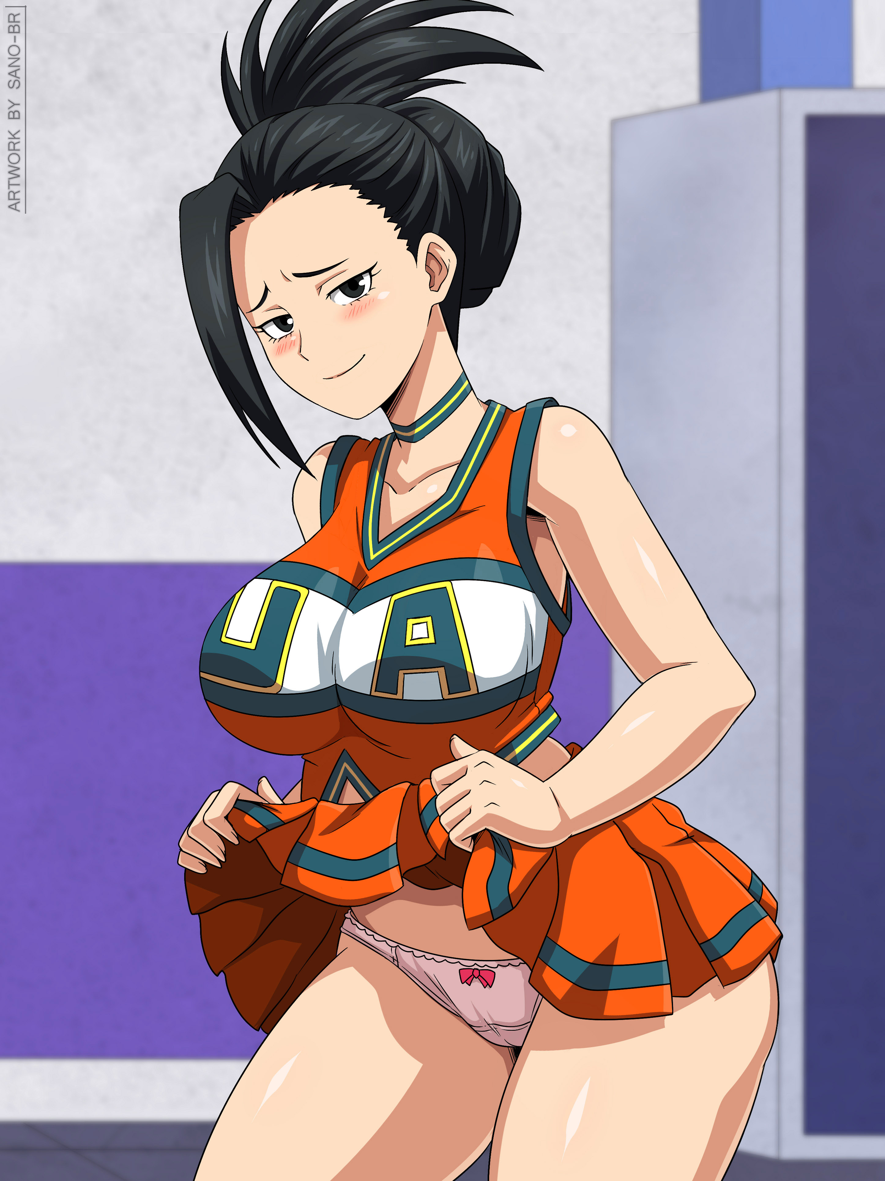 1girls, big breasts, black hair, black-haired female, blush, breasts, cheerleader, cheerleader uniform, eye contact, female, large breasts, looking at viewer, momo yaoyorozu, my hero academia, panties, sano-br, skirt, skirt lift, solo, standing, thick thighs, thighs, u.a. cheerleader outfit