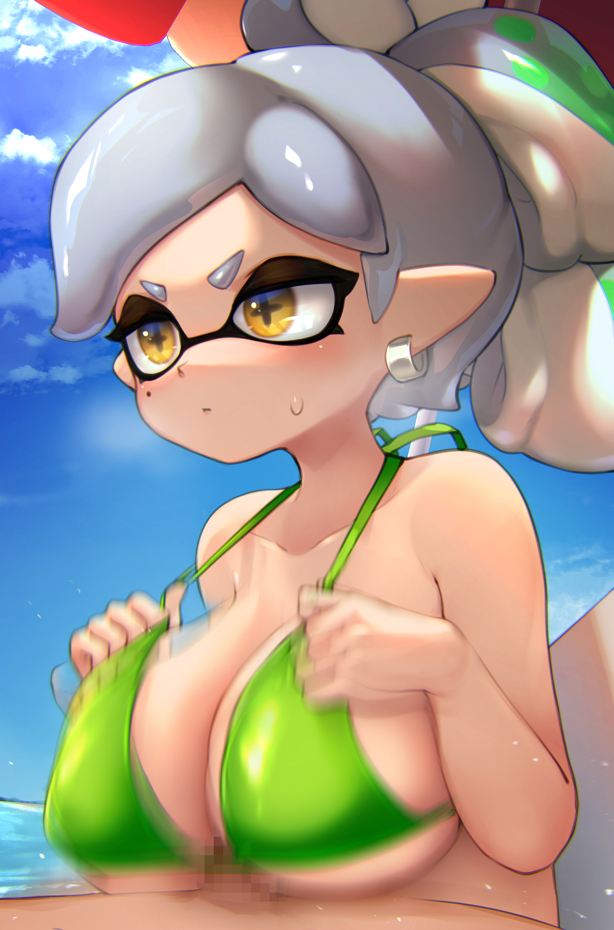 + +, 1boy, 1girls, 2020, agent 4 (splatoon), bangs, beach, beach umbrella, between breasts, big breasts, big eyes, bikini, blush, bouncing breasts, breasts, censored, censored penis, cleavage, earrings, eyelashes, female, grey hair, hi res, high resolution, highres, hizake, huge breasts, inkling, kashu (hizake), large breasts, light skin, light-skinned female, looking at partner, male, marie (splatoon), mole, mole under eye, mosaic censoring, motion blur, nintendo, outdoors, paizuri, penis, penis between breasts, pointy ears, pseudo hair, shiny hair, sideboob, splatoon, splatoon (series), splatoon 2, string bra, sweat, sweatdrop, tentacle hair, tied hair, titjob, two-tone hair, underboob, white hair, wide eyed, yellow eyes