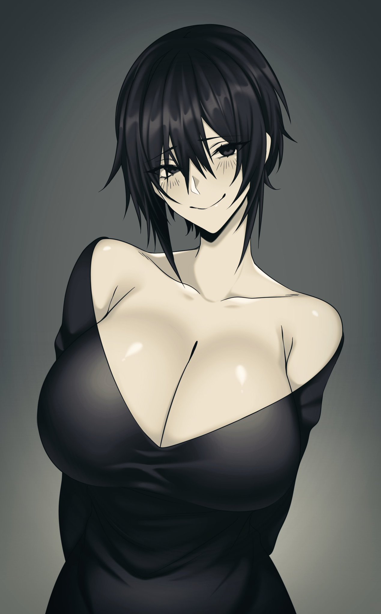 1girls big_breasts blush breast breast_bigger_than_head breasts camui_kamui_(hz_666v) cleavage cute dark_hair glistening glistening_body glistening_skin goth goth_girl gothic huge_breasts kamui_(camui_kamui) large_breasts original shiny_skin sleeveless small_shirt smile thin thin_waist top_heavy voluptuous wholesome