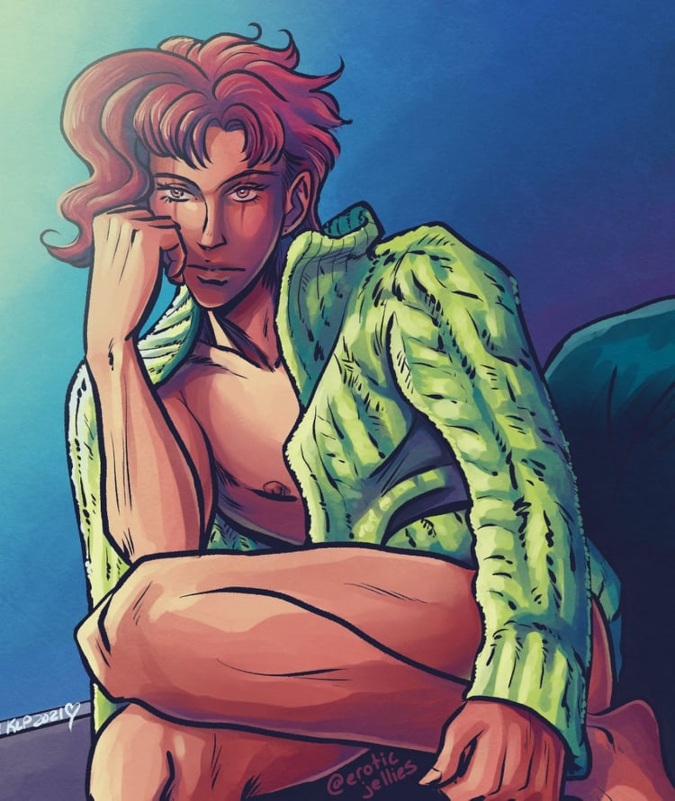 1boy artist_signature eroticjellies jojo's_bizarre_adventure male male_nipples male_only noriaki_kakyoin partially_clothed solo solo_male stardust_crusaders