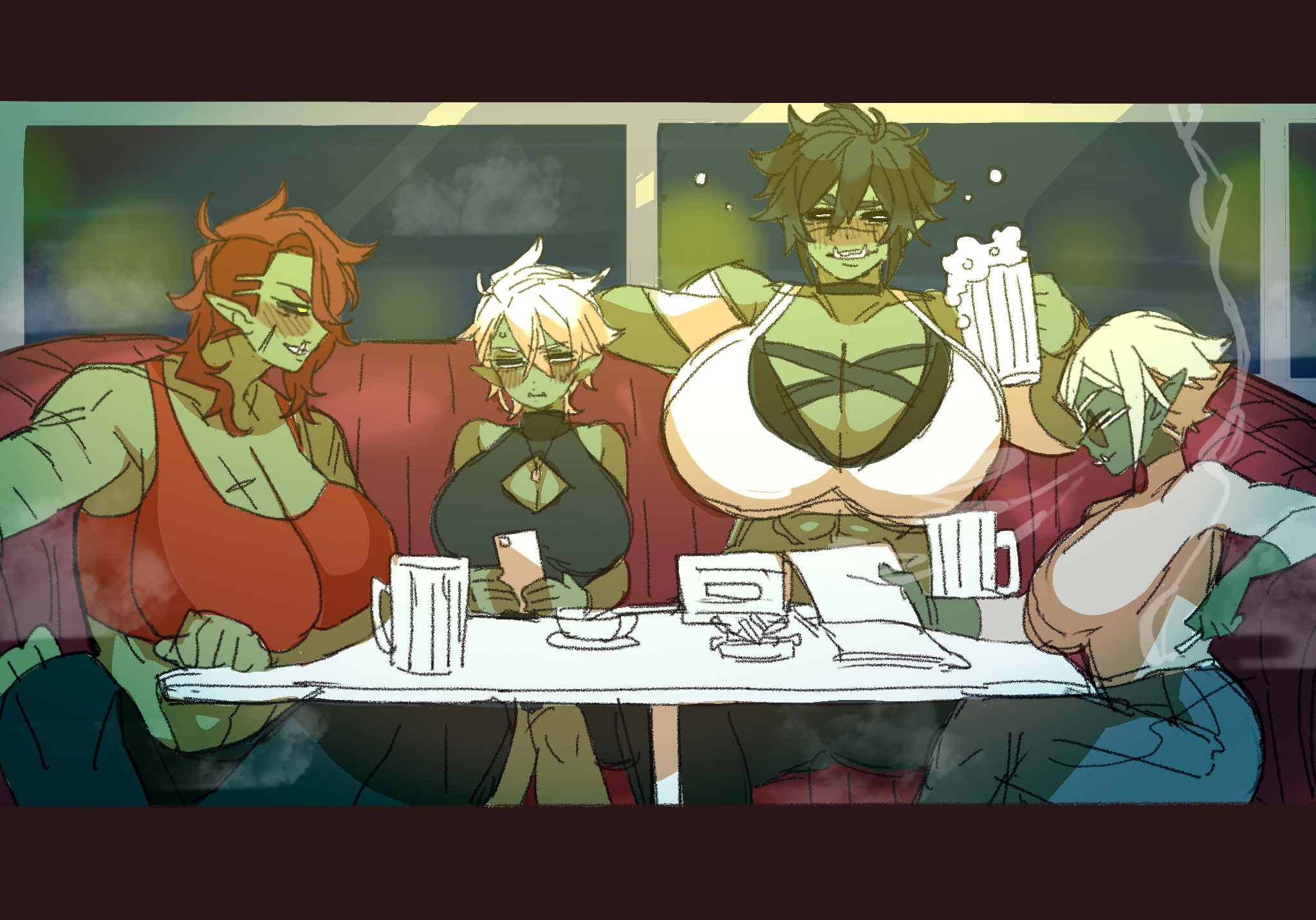 4girls, beer, beer glass, big breasts, black hair, black sclera, blush, breasts, cigarette, cleavage cutout, clothing, dress, eyes mostly closed, fangs, female, female only, glasses, green skin, green-skinned female, hi res, huge breasts, long hair, messy hair, multiple females, multiple girls, muscular, muscular female, narrowed eyes, orc, orc female, orc mommy, original, original character, ova (picco), picco, pointy ears, red hair, scar, scars, sitting, smoking, table, tomboy, tusks, white hair, yellow eyes