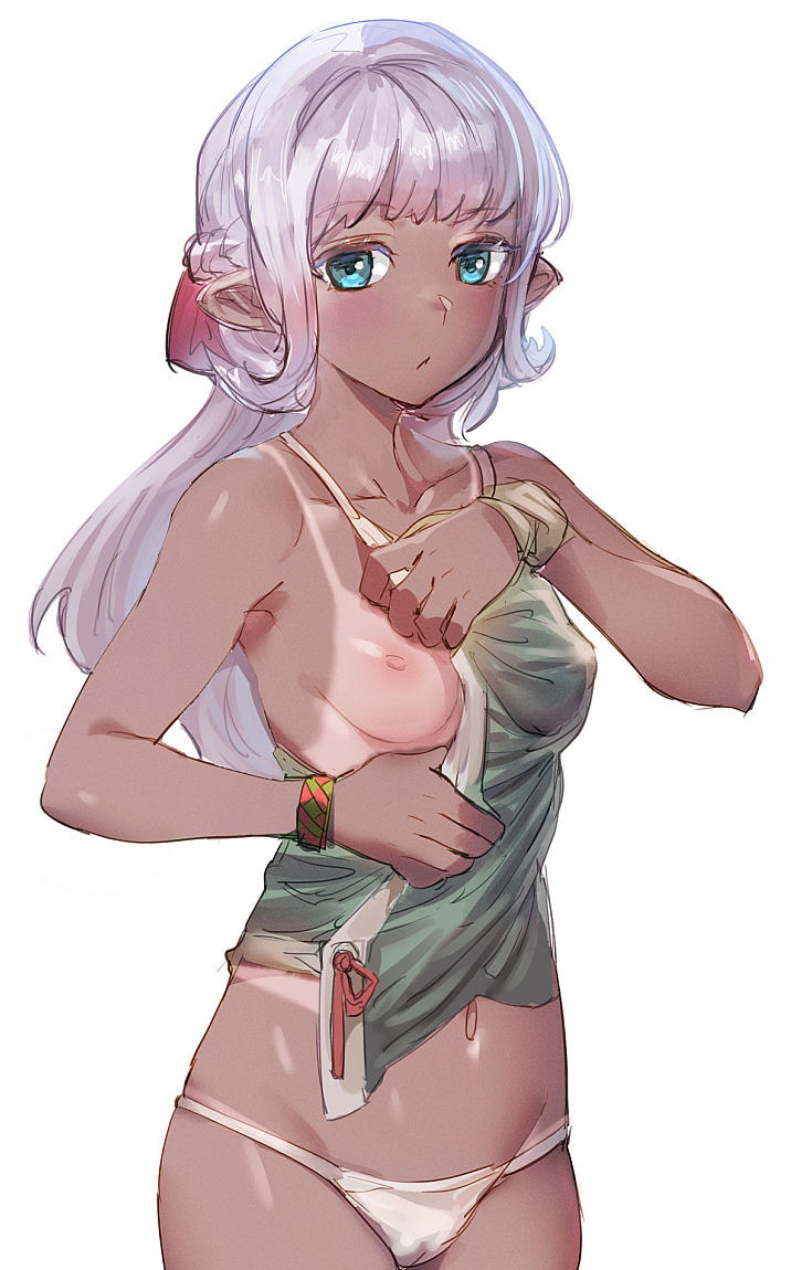 bangs, bare arms, bare legs, bare shoulders, blue eyes, blush, bow (bhp), bracelet, braid, breasts, cameltoe, cowboy shot, dark elf, dark skin, dark-skinned female, elf, eyebrows visible through hair, female, groin, jewelry, long hair, looking at viewer, navel, nipples, no bra, one breast out, original, panties, pointy ears, pussy, side braid, simple background, sleeveless, small breasts, solo, string panties, tan, tanline, underwear, white background, white panties