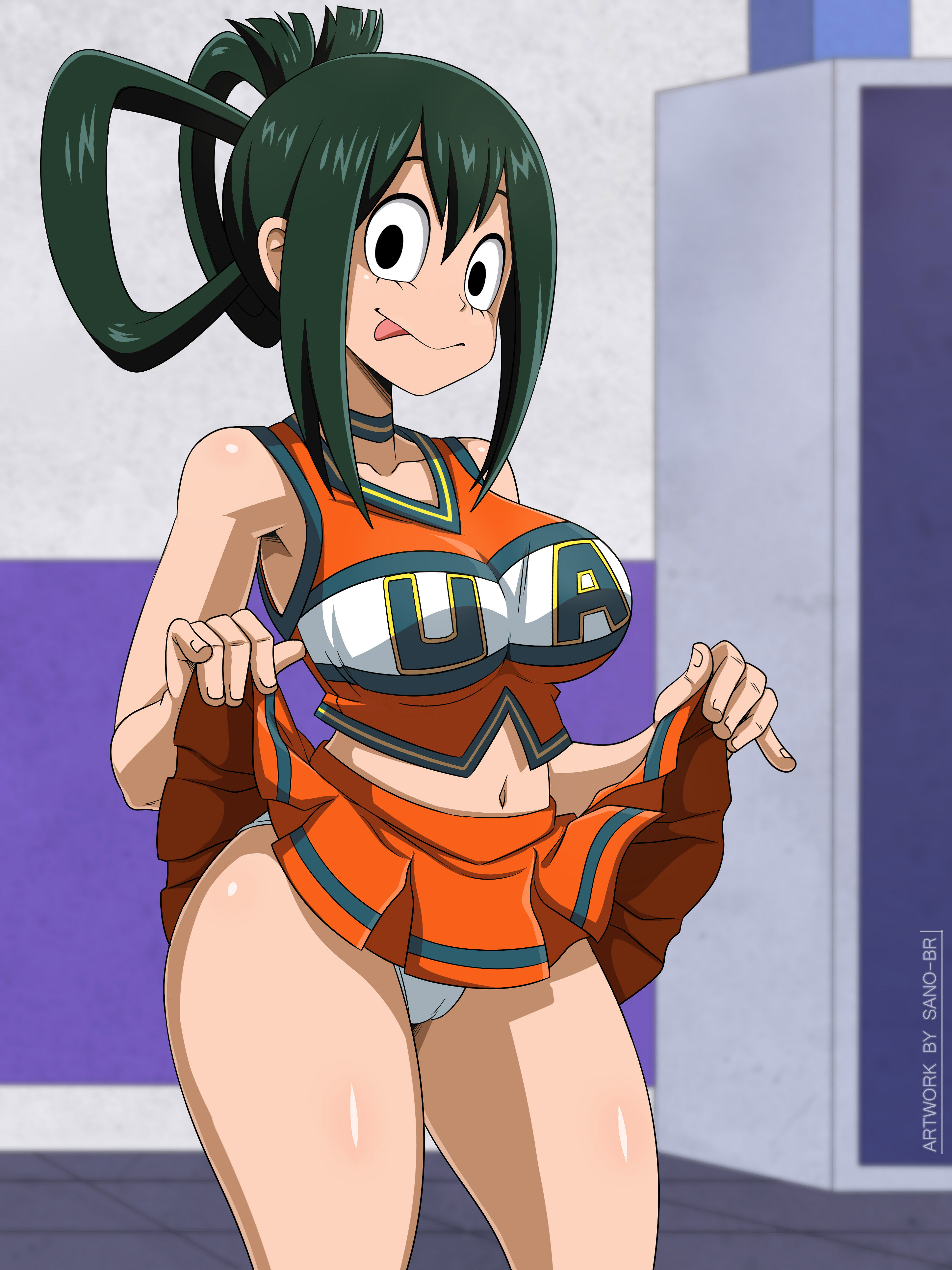 :p, 1girls, big breasts, breasts, cheerleader, cheerleader uniform, eye contact, female, green hair, green-haired female, large breasts, looking at viewer, my hero academia, panties, sano-br, skirt, skirt lift, smile, standing, thick thighs, thighs, tsuyu asui, u.a. cheerleader outfit