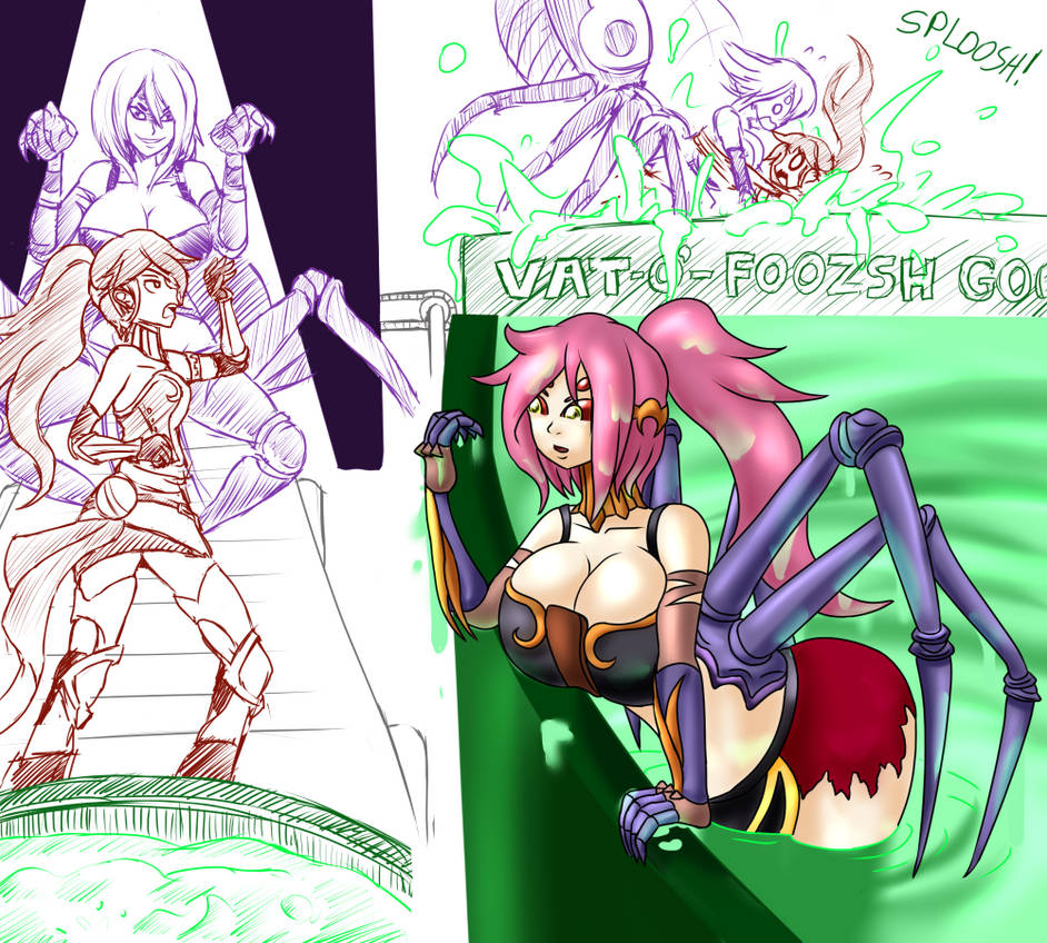 2girls accidental_circumstance accidental_fusion armor breast_expansion breasts circlet corset crossover doodledowd female fusion goo_transformation greaves high_ponytail monster_girl monster_musume_no_iru_nichijou multi_arm multi_eye multi_leg multi_limb onomatopoeia panels pink_hair ponytail pyrrha_nikos rachnera_arachnera rwby spider_girl torn_clothes transformation