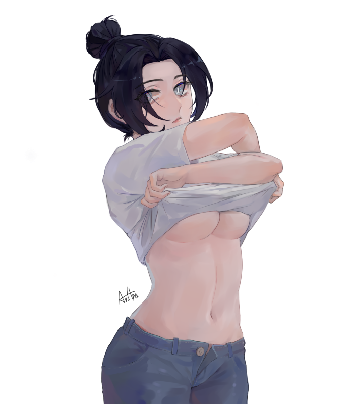 2d apex_legends arc4na looking_at_viewer pulling_shirt_up tagme underboob undressing wraith_(apex_legends)