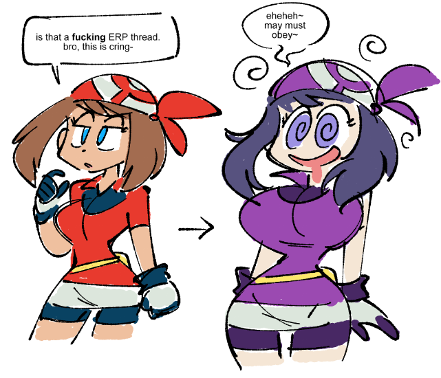 before_and_after brainwashing gothification hex_maniac hexification human human_only hypnosis may_(pokemon) mind_control nintendo pokemon purple_bandana red_bandana roleplay stealth_brock transformation