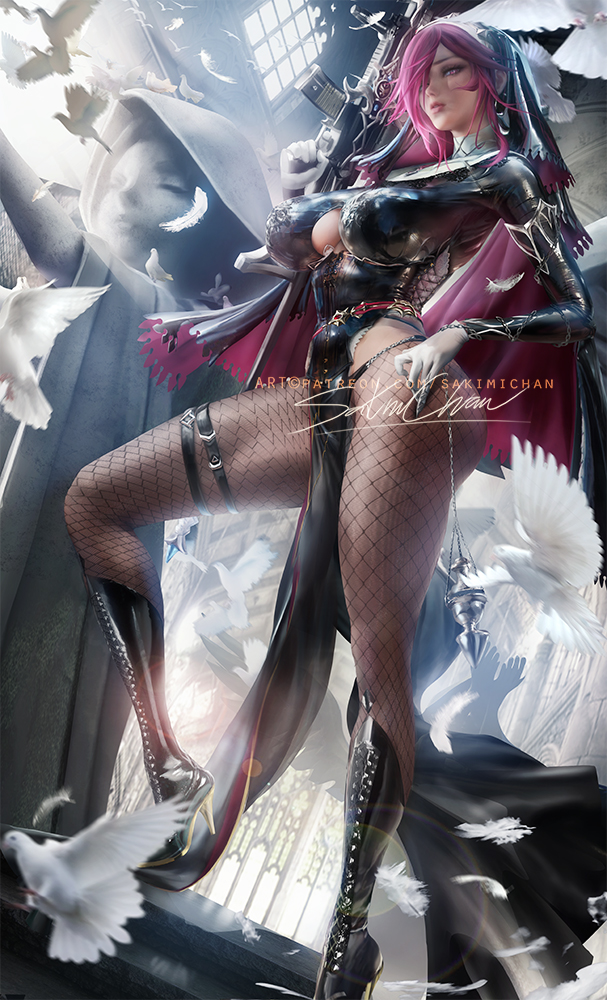 1girls, 2021, artist signature, black clothing, breasts, female, female focus, female only, fishnets, genshin impact, gun, hips, holding object, huge breasts, nun, nun's habit, pantyhose, purple hair, realistic, red eyes, rosaria (genshin impact), sakimichan, slim waist, thick thighs, thighs, watermark, weapon, wide hips