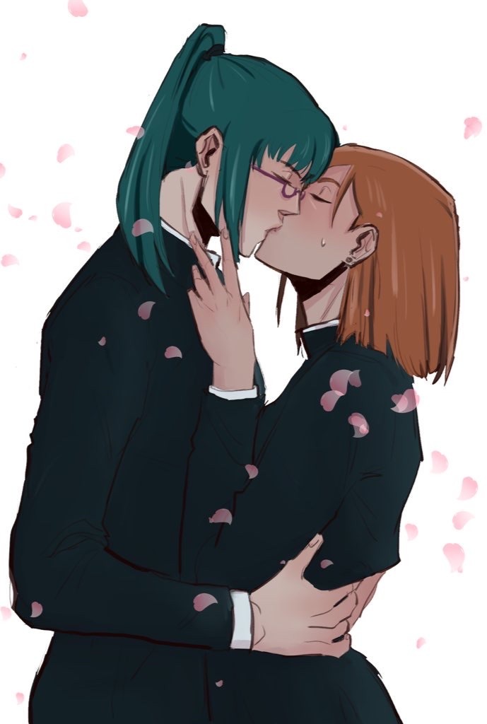 2girls, brown hair, brown-haired female, closed eyes, female, female only, green hair, green-haired female, jujutsu kaisen, kissing, kugisaki nobara, multiple females, multiple girls, wholesome, yuri, zenin maki
