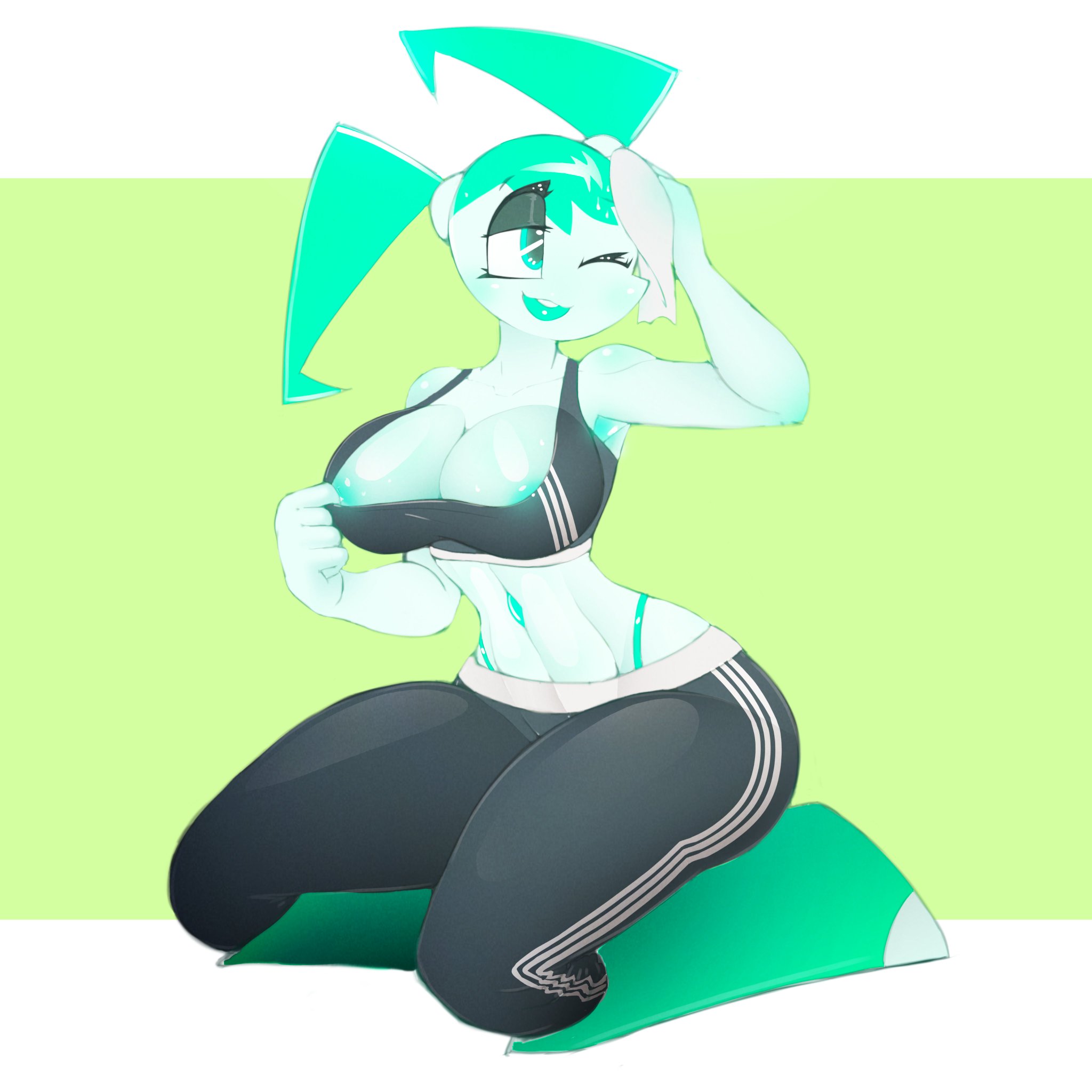 1girls, 2d, armpits, breasts, cleavage, color, colored, female, female only, humanoid, jenny wakeman, lonlon, my life as a teenage robot, nickelodeon, robot, robot girl, robot humanoid, solo, sports bra, thong above pants, thong straps, xj-9, yoga pants