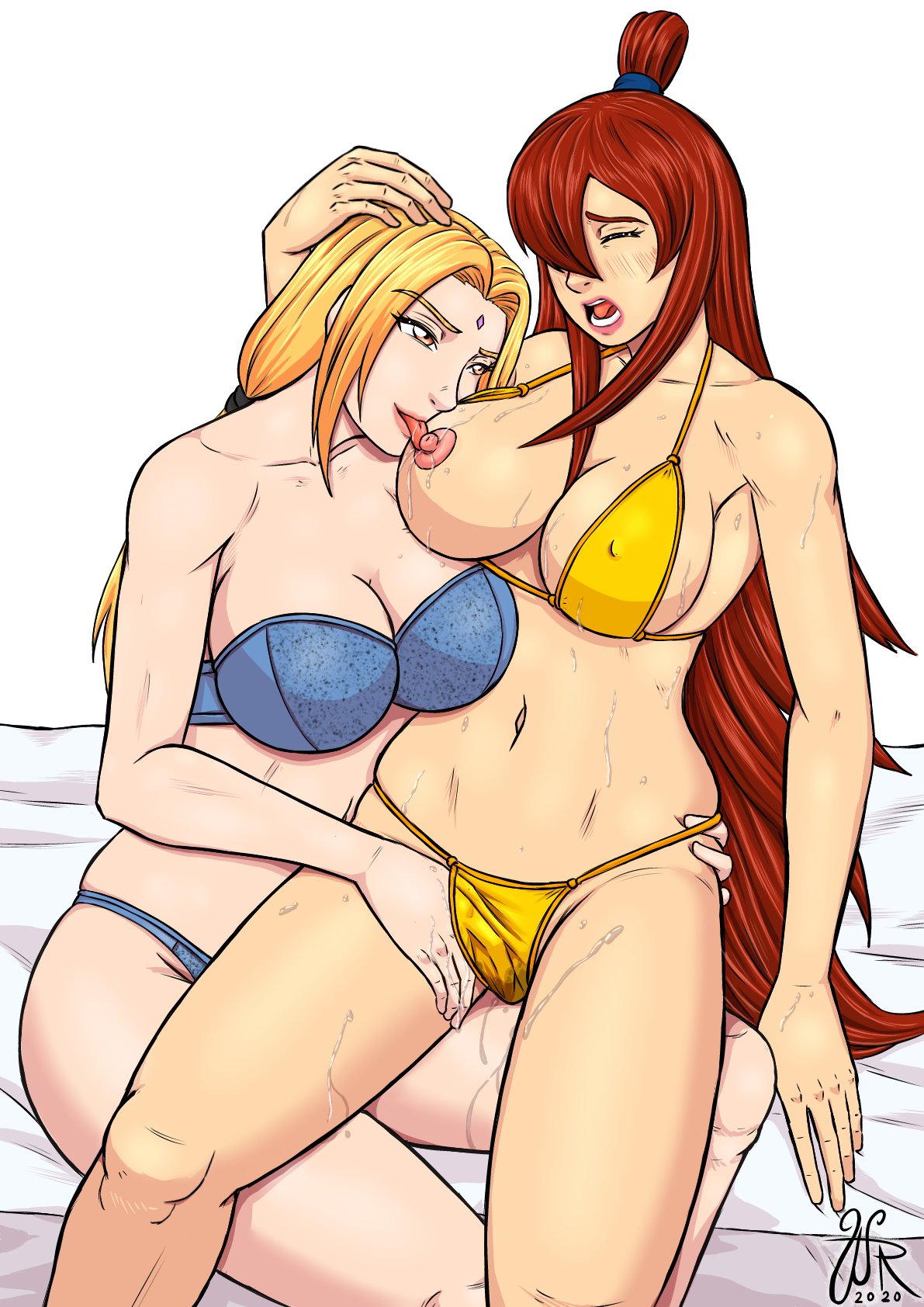 2girls, bare shoulders, big breasts, bikini, blonde hair, bodily fluids, bra, breasts, brown hair, cleavage, closed eyes, female, female only, fingering, genital fluids, hair over one eye, hand in panties, hand under clothes, huge breasts, lesbian sex, licking, lipstick, makeup, mature, mature female, mei terumi, midriff, moaning, multiple females, multiple girls, naruto, naruto (series), naruto shippuden, nipple licking, nipples, one breast out, open mouth, panties, pussy, sitting, sitting on bed, sitting on lap, sitting on person, sweat, tied hair, tongue, tongue out, topknot, tsunade, twintails, underwear, very long hair, voluptuous, waltherrfa, wet, wet pussy, yuri