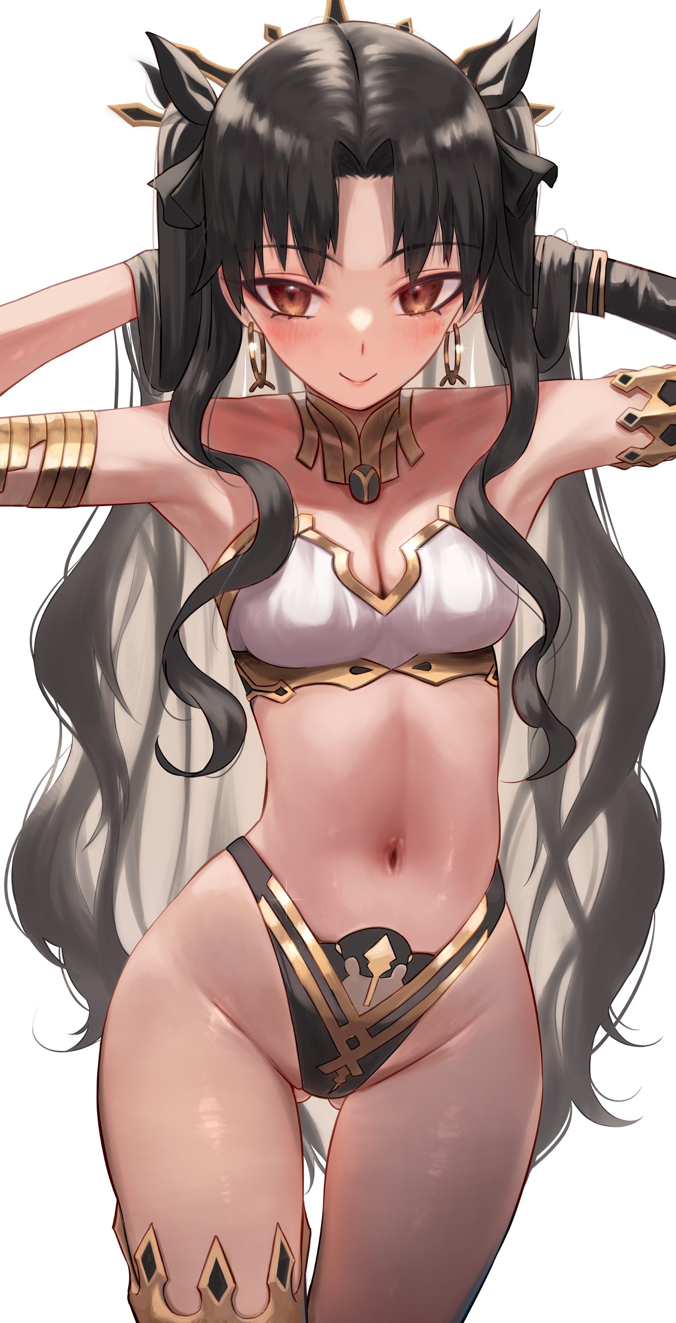 1girls, 2021, armpits, arms behind head, arms up, ass visible through thighs, black hair, black panties, blush, breasts, cleavage, deity, earrings, fate (series), fate/grand order, female, female focus, female only, goddess, highleg panties, highres, hips, ishtar (fate), long hair, looking at viewer, medium breasts, one thighhigh, panties, red eyes, simple background, slim waist, smile, thick thighs, thighs, torriet, twintails, white background, white topwear, wide hips