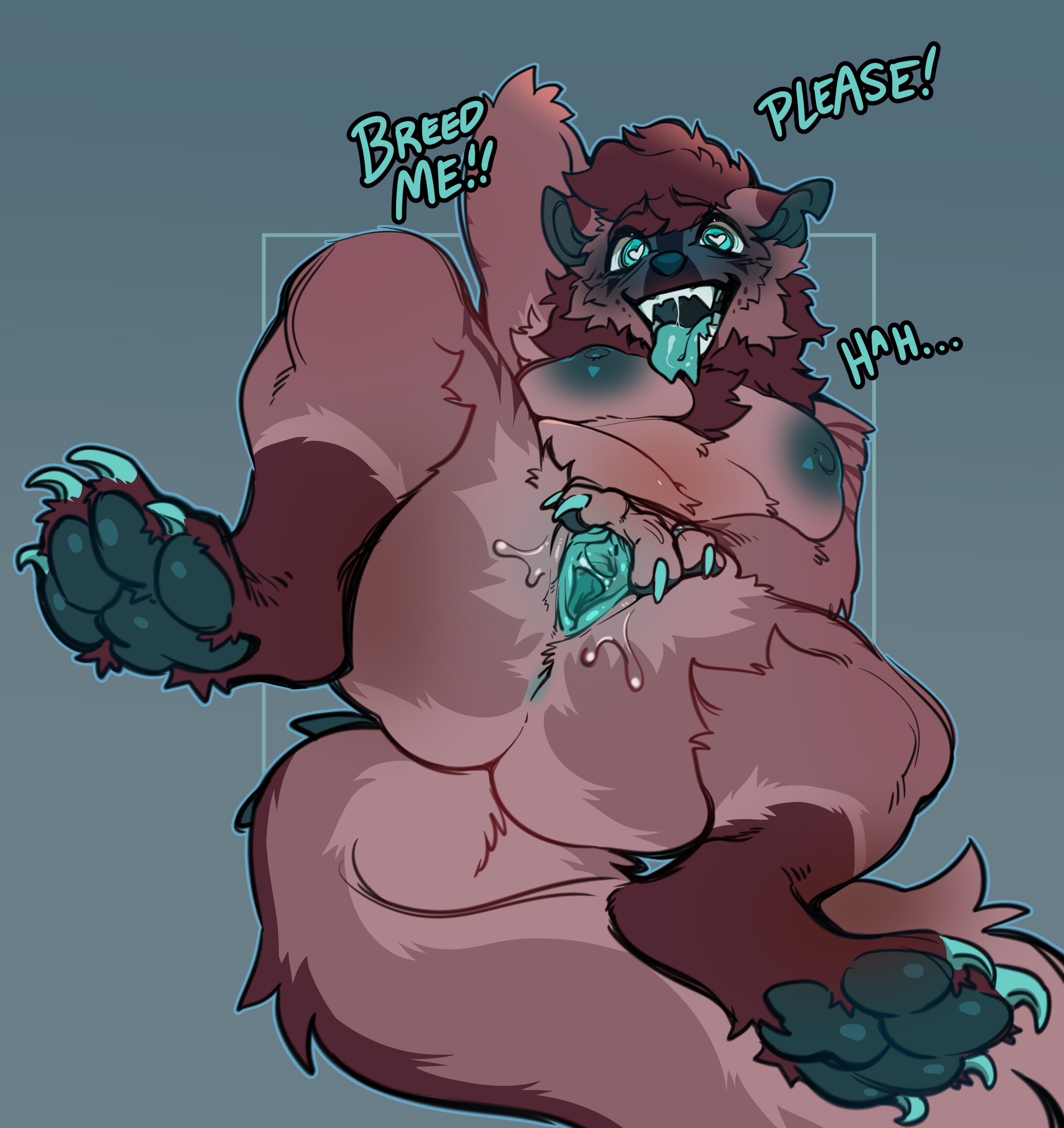 <3 eyes, anthro, anus, breasts, dialogue, english text, female, fur, furry, furry only, glacierclear, horny, impregnation request, inviting, medium breasts, paws, presenting pussy, pussy, solo, spread pussy, spreading, tail, text, tongue, tongue out