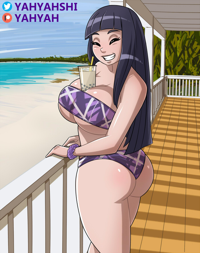 1girls bandeau beach beach_house big_breasts bikini blunt_bangs bracelet busty closed_eyes drink female female_only hime_cut holding_object huge_breasts hyuuga_hinata long_hair naruto naruto:_the_last naruto_(series) naruto_shippuden object_between_breasts purple_hair railing sexually_suggestive smile solo solo_focus strapless strapless_bikini teasing voluptuous yahyah yahyahshi