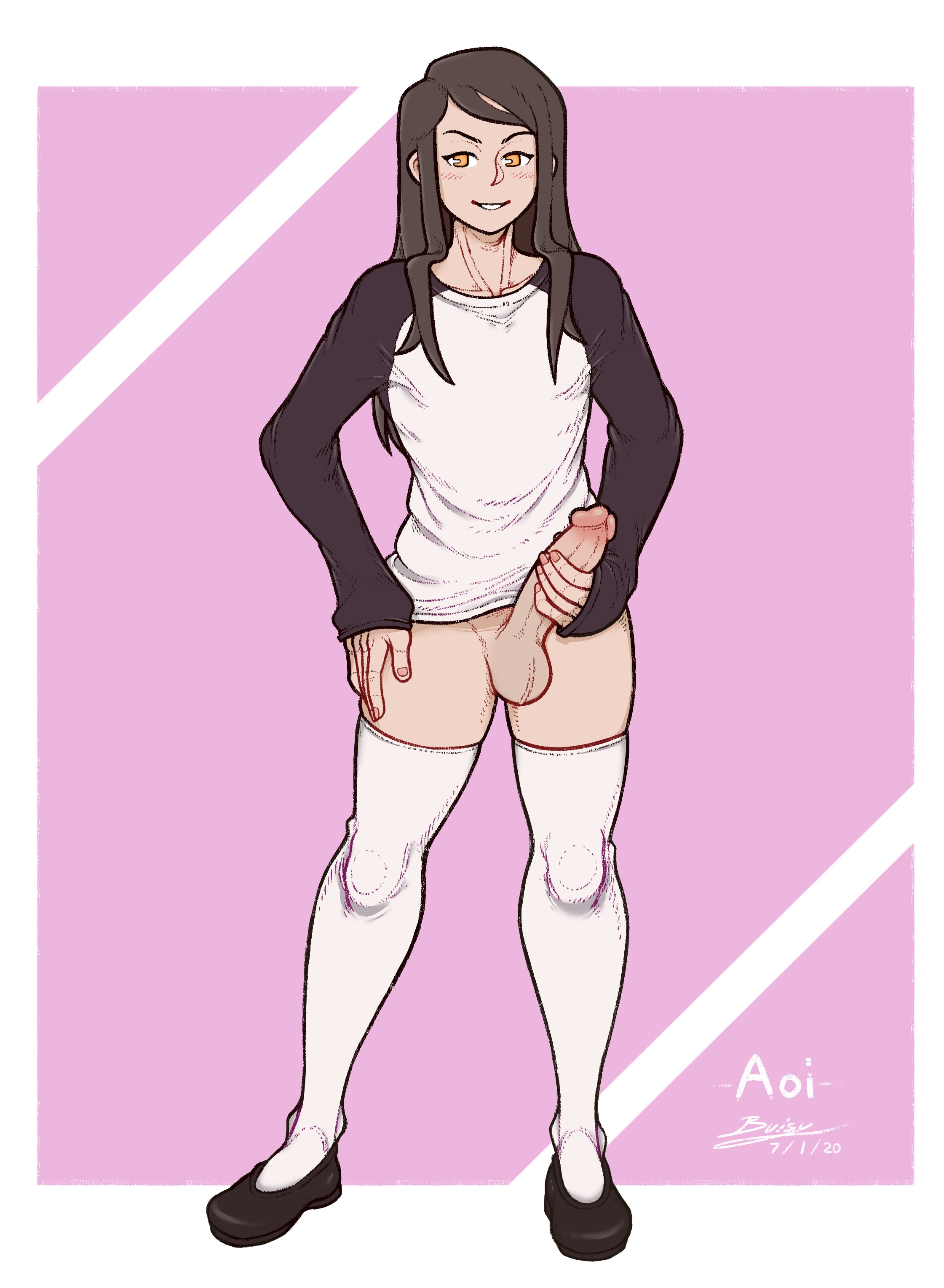 1boy, balls, black hair, bottomless, buisy, erection, femboy, full body, girly, long hair, long sleeves, male, male only, penis, penis grab, simple background, smile, solo, solo male, standing, thighhighs, xionanon