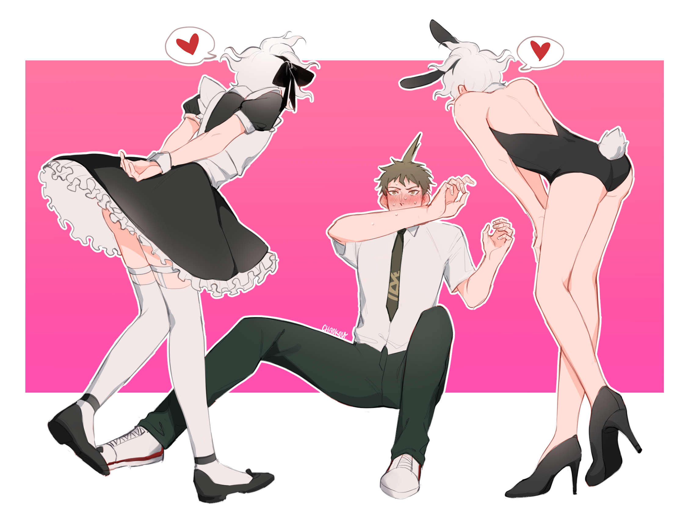 3boys, ass, ass up, bunny boy, bunny ears, bunny tail, bunnysuit, chao kouy, clothed, danganronpa, danganronpa 2: goodbye despair, embarrassed, femboy, gay, heels, hinata hajime, light skin, light-skinned male, maid, maid uniform, male, male only, nagito komaeda, straight hair, yaoi