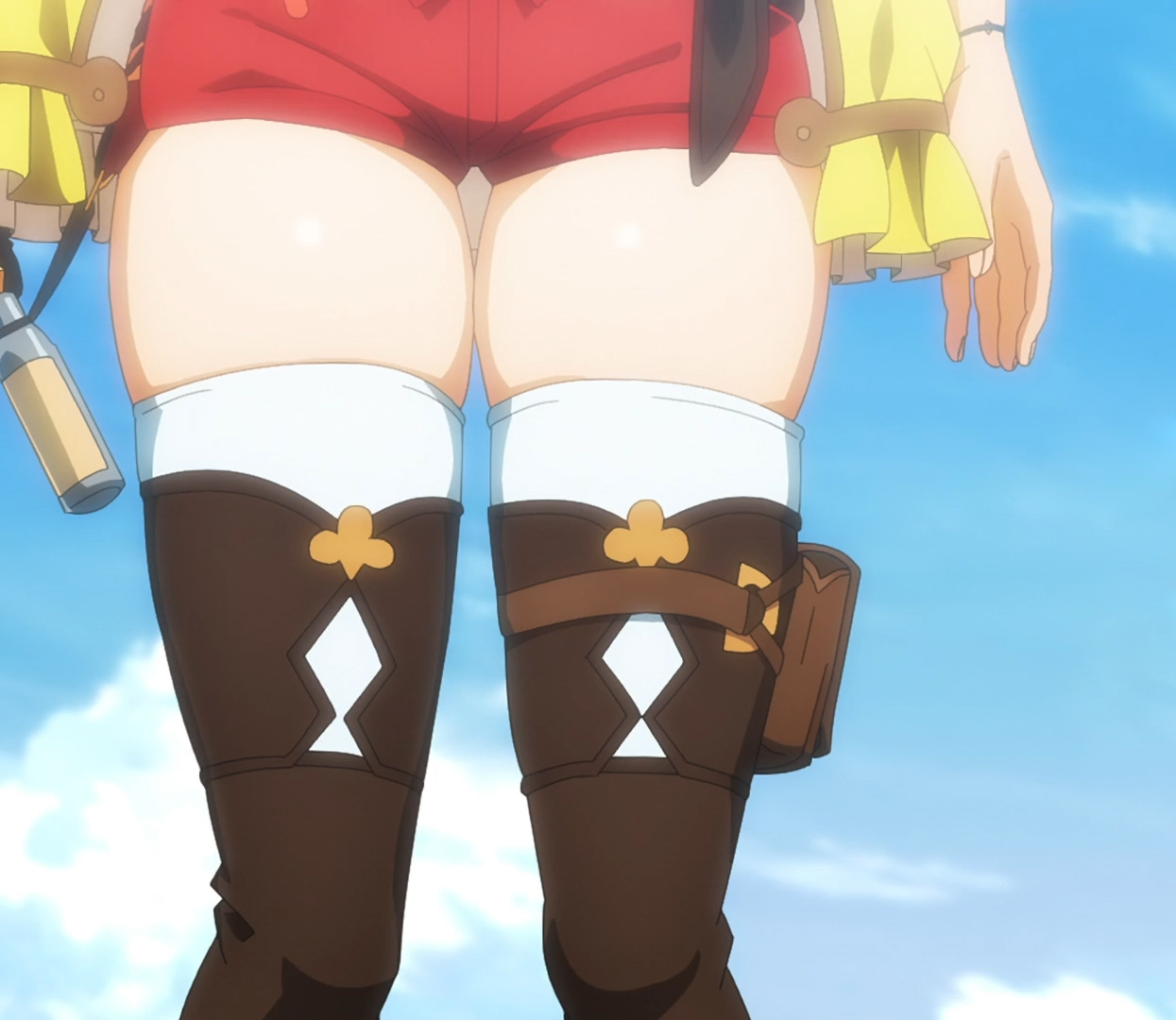 1girls, atelier (series), atelier ryza, atelier ryza ever darkness & the secret hideout the animation, clothing, female, female only, light skin, light-skinned female, reisalin stout, screencap, shorts, skindentation, thick thighs, thigh focus, thighhighs, thighs