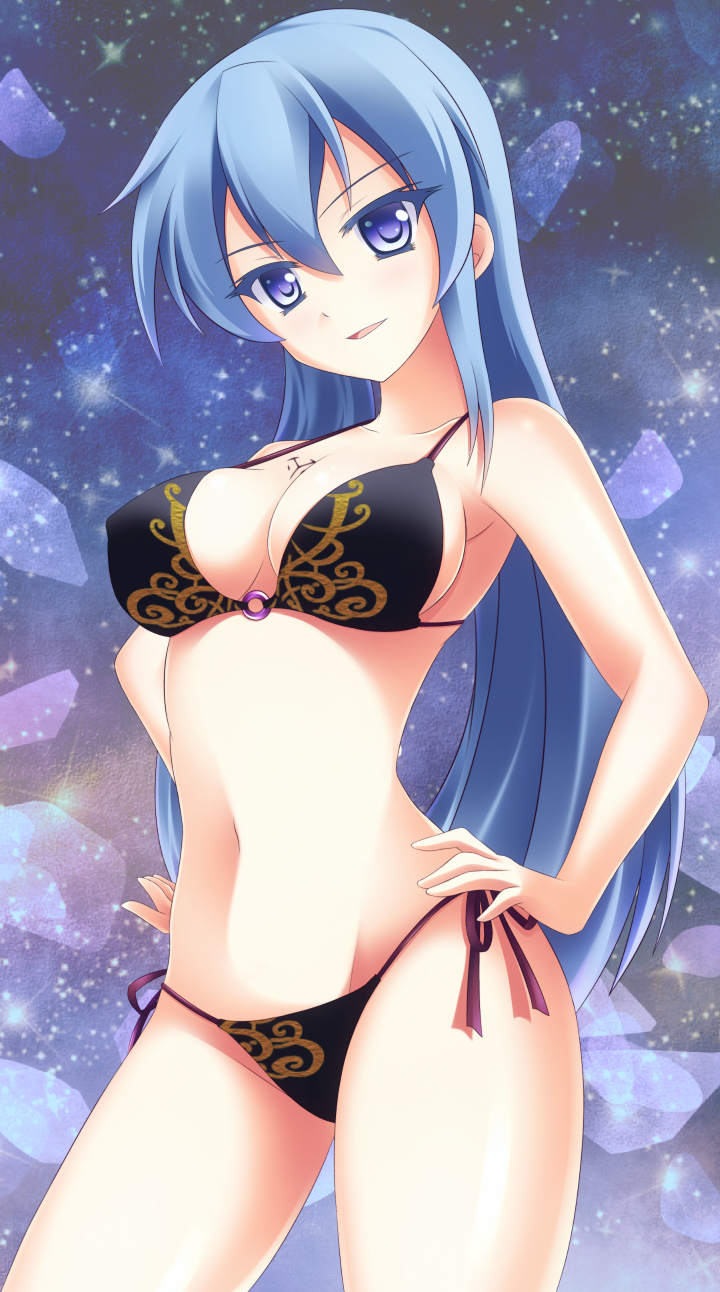 akame ga kill!, bikini, black bikini, black swimsuit, black swimwear, blue eyes, blue hair, esdeath (akame ga kill!), female, hand on hip, hand on hips, hands on hip, hands on hips, long hair, smile, smiling, swimsuit, swimwear