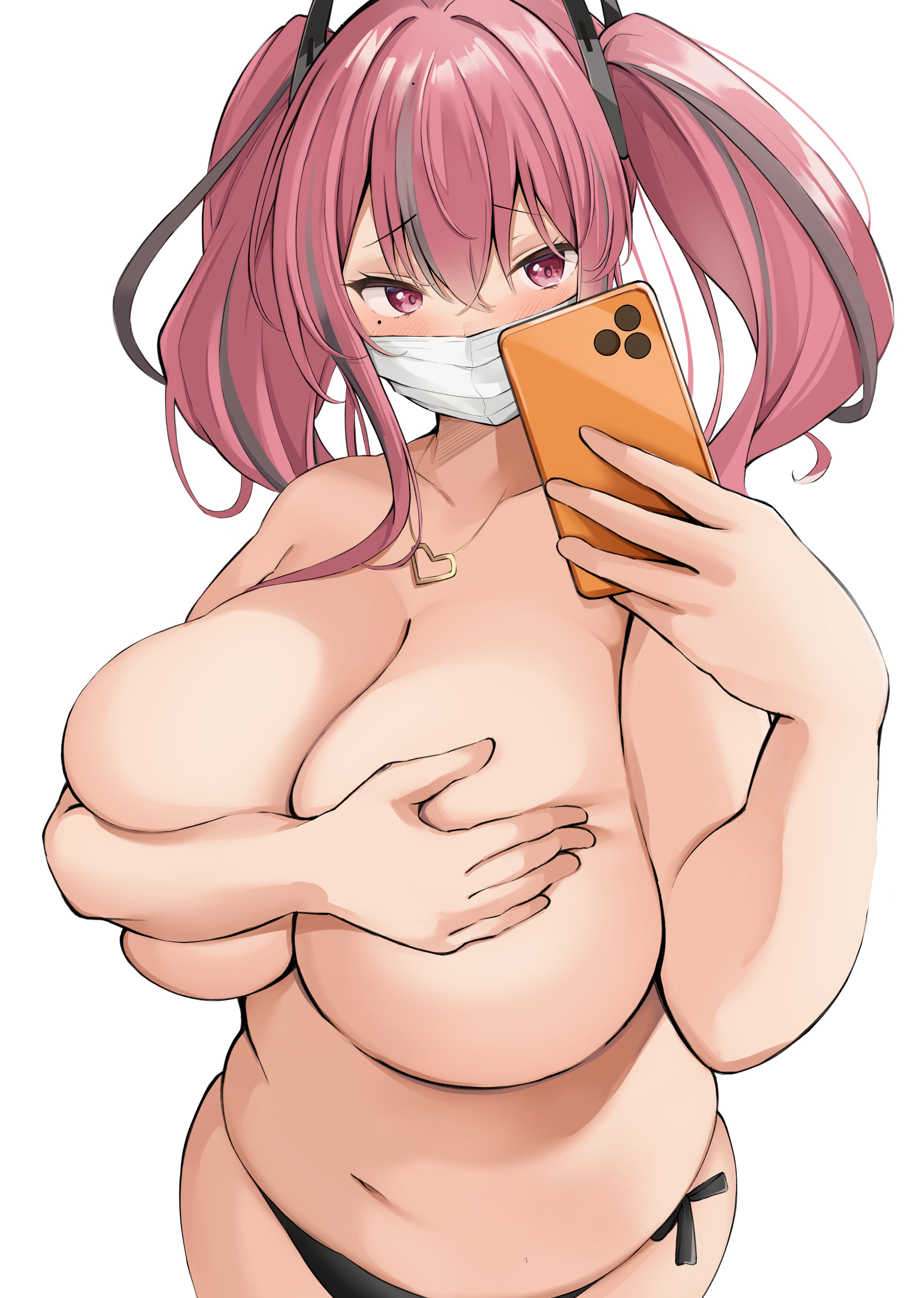 azur lane, breasts, bremerton (azur lane), covering breasts, female, huge breasts, mask, neneneji, selfie, tagme