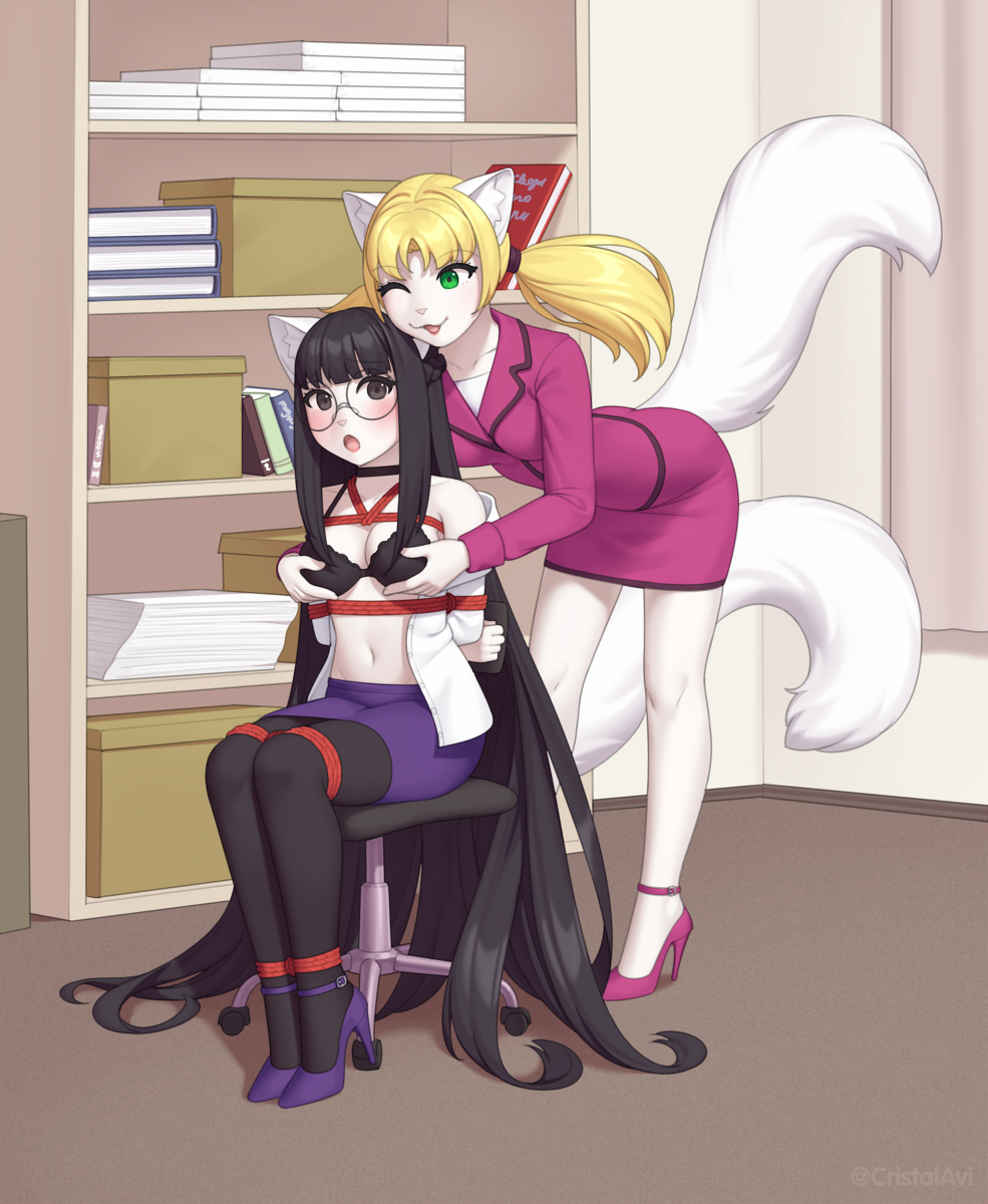 2girls anthro arms_behind_back bangs bent_over black_hair blonde_hair blush bondage bound_arms bound_legs bra breast_grab brown_eyes chair choker cristalavi feline furry green_eyes high_heels indoors long_hair low_twintails miniskirt multiple_girls office_lady open_clothes open_mouth open_shirt original pantyhose pencil_skirt restrained sidelocks sitting skirt tail twintails very_long_hair wink yuri