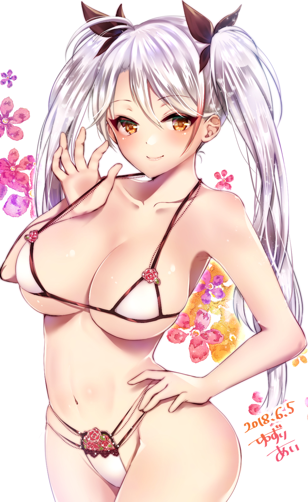 alternate_costume antenna_hair armpits azur_lane bangs bare_arms bare_shoulders bikini bikini_tug black_ribbon blush breasts cleavage collarbone dated eyebrows_visible_through_hair female female floral_background groin hair_between_eyes hair_ribbon hand_on_hip highres iron_cross large_breasts long_hair looking_at_viewer micro_bikini multicolored_hair navel prinz_eugen_(azur_lane) red_hair ribbon signature silver_hair smile solo stomach streaked_hair swimsuit thighs two_side_up very_long_hair yuzuri_ai