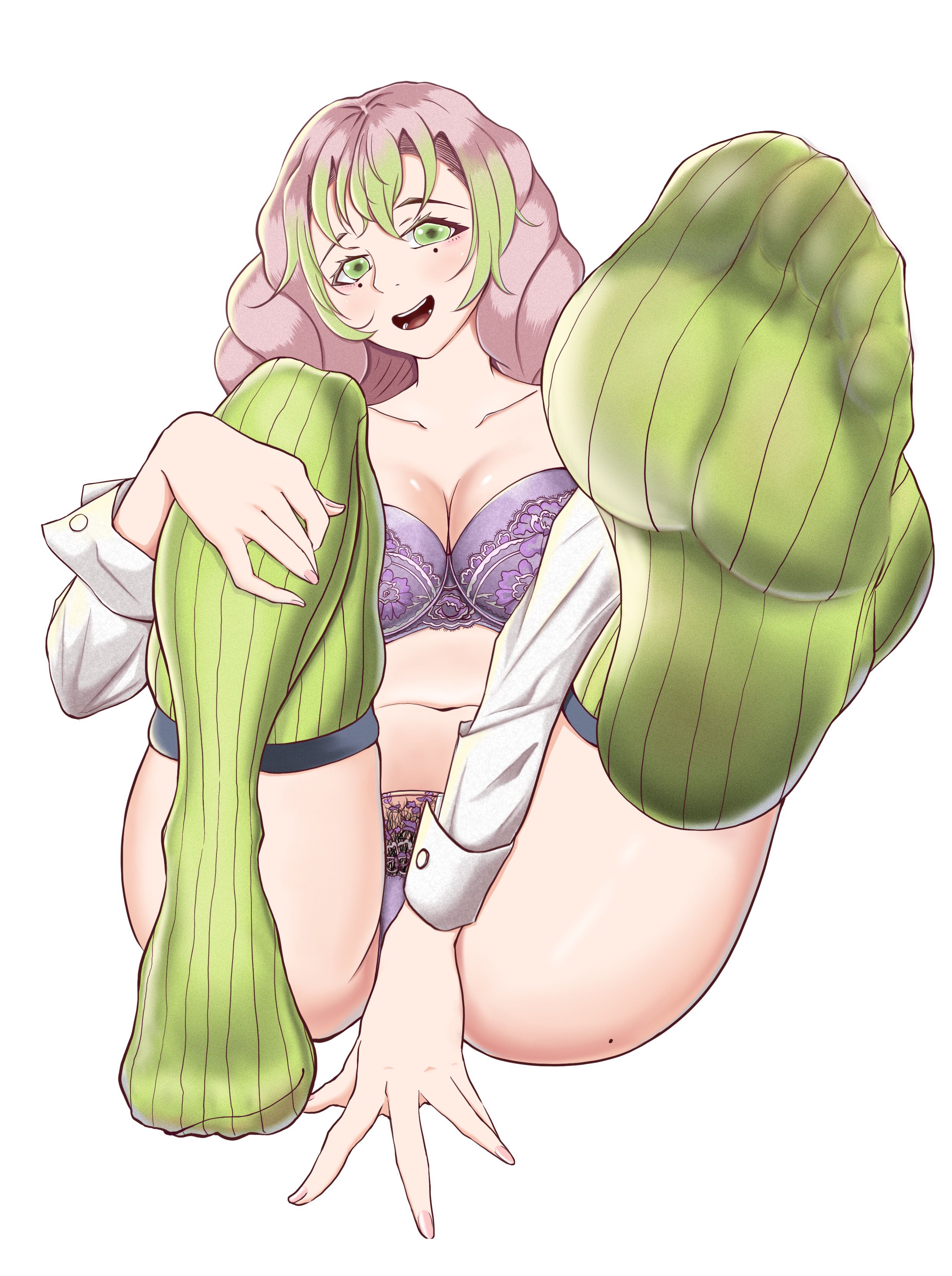 bra, braided hair, cleavage, demon slayer, feet, female, female only, foot fetish, foot focus, green eyes, kanroji mitsuri, kimetsu no yaiba, lace-trimmed bra, lace-trimmed panties, long sleeves, looking at viewer, mole under eye, open shirt, panties, pantyhosesaikou, pink hair, seichuu, sitting, socks, solo, thick thighs, thighhighs, thunderthighs, two-tone hair