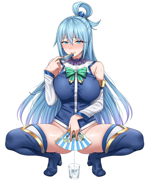 1girls aqua_(konosuba) blue_eyes blue_hair blue_high_heel_boots blush female female_only high_heel_boots huge_breasts kono_subarashii_sekai_ni_shukufuku_wo! long_hair long_sleeves looking_at_viewer peeing peeing_in_cup sleeves_past_elbows solo spread_legs squatting sweat uncensored very_long_hair white_sleeves yakimi_27